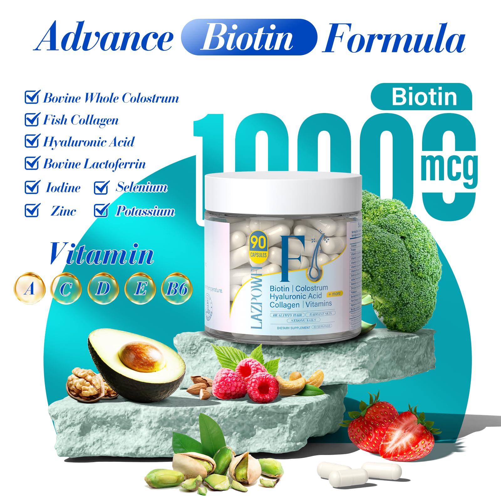 Close-up of Biotin and collagen information on Lazpowfi label