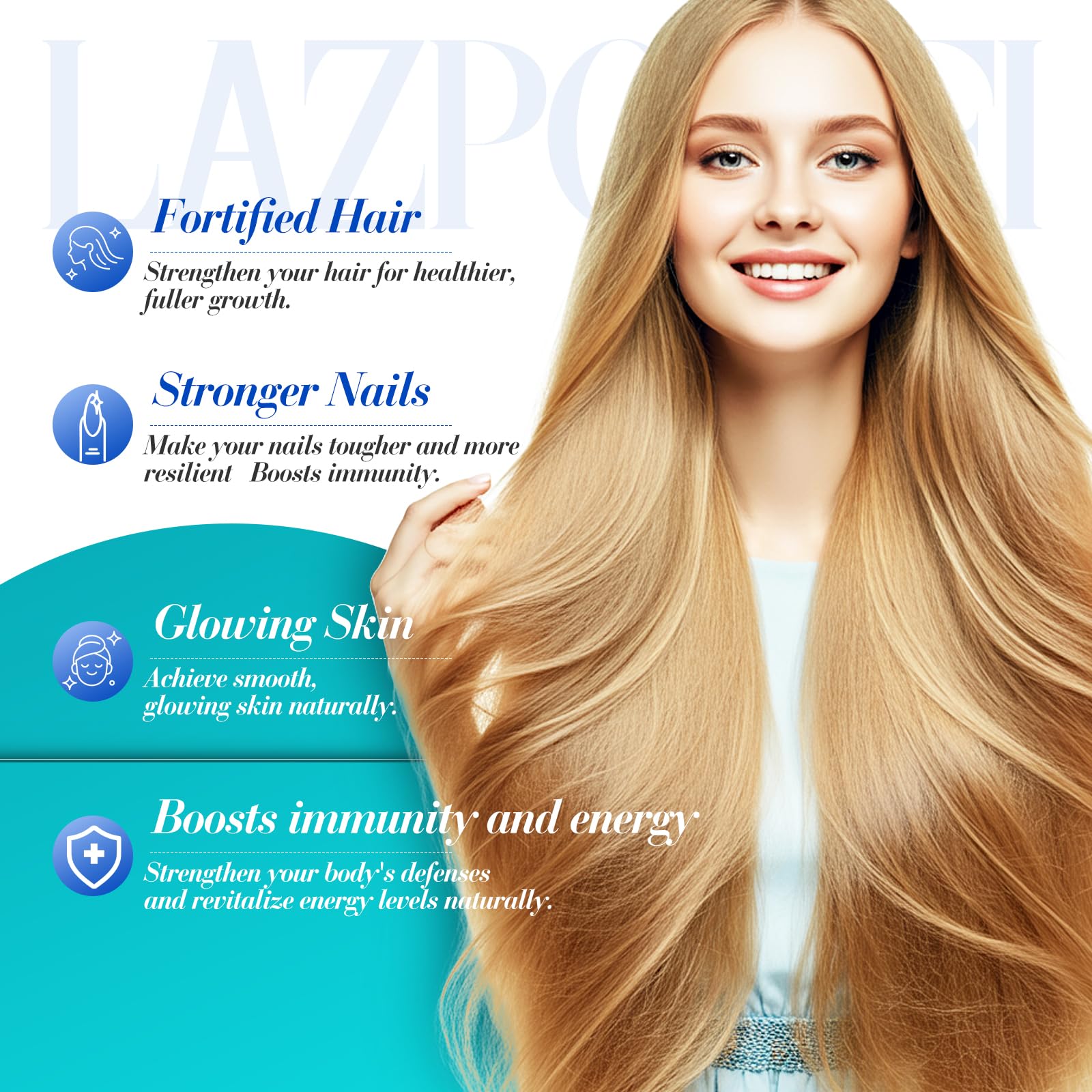 Lazpowfi bottle highlighting hyaluronic acid and vitamin C ingredients