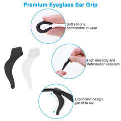 Close-up of six clear silicone eyeglass ear grips