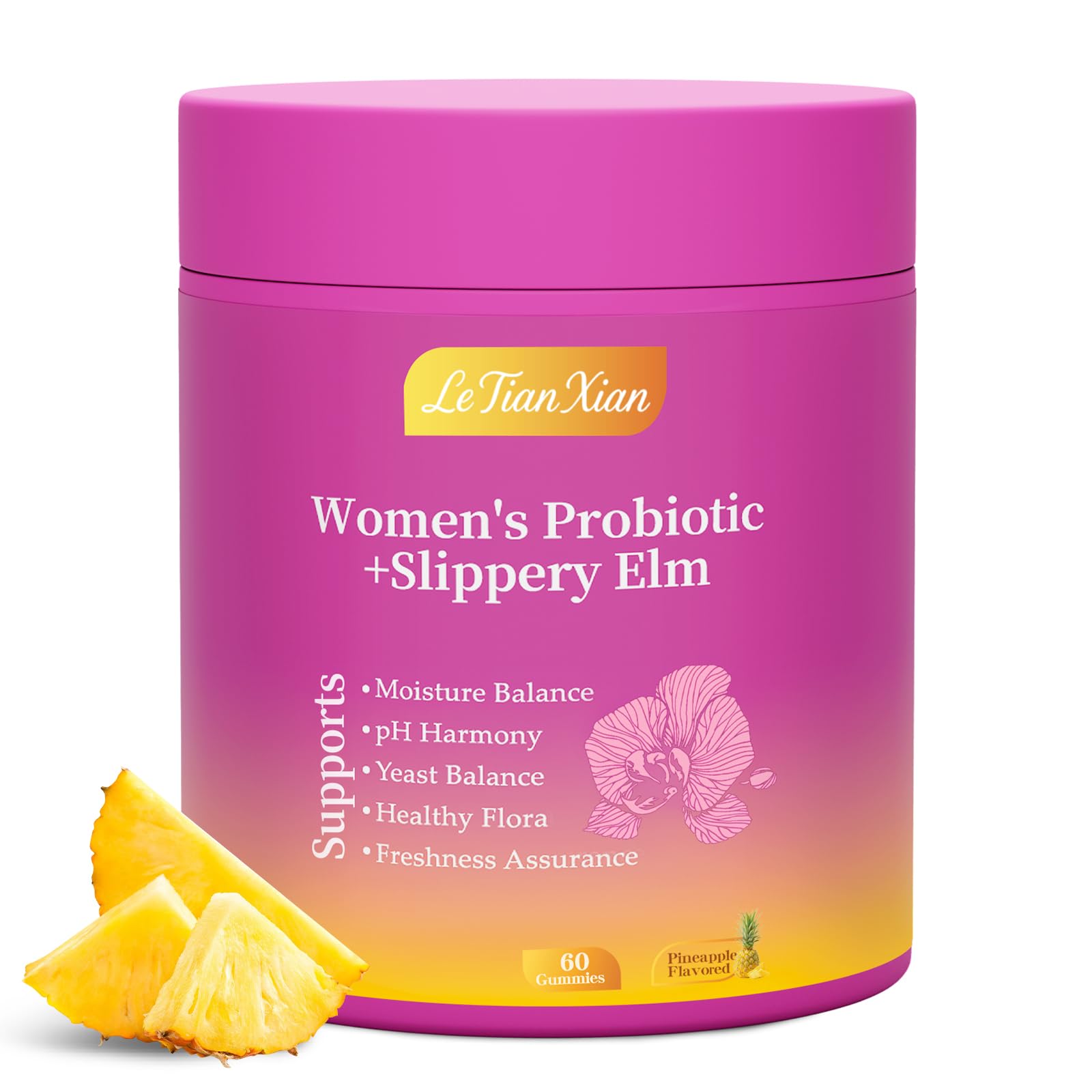 Bottle of Le Tian Xian Her Juicy Feminine Probiotics Gummies on white background