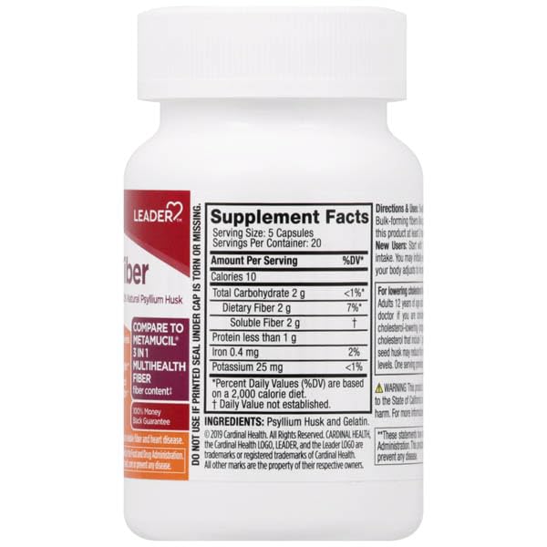 Back panel of Leader Daily Psyllium Husk Powder packaging with ingredients and nutrition facts