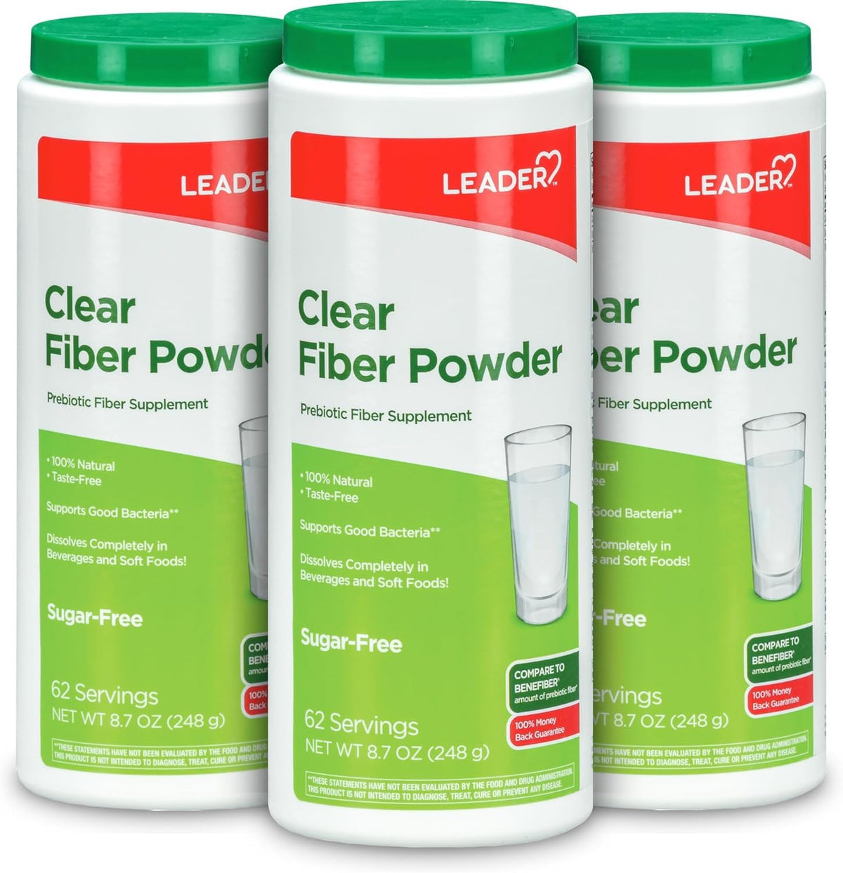 LEADER Prebiotic Fiber Powder 186 servings, 8.7 oz, 3-pack front view