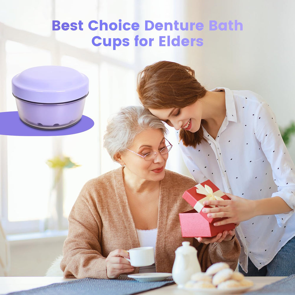 Travel-friendly LEAFTOL denture container with brush and removal tool (Purple)