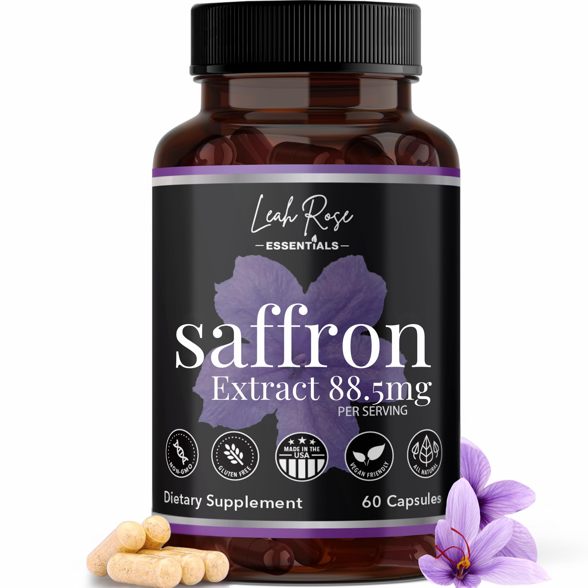 Leah Rose Essentials saffron extract bottle with 60 capsules