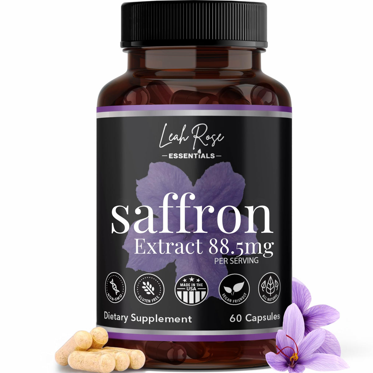 Leah Rose Essentials saffron extract bottle with 60 capsules