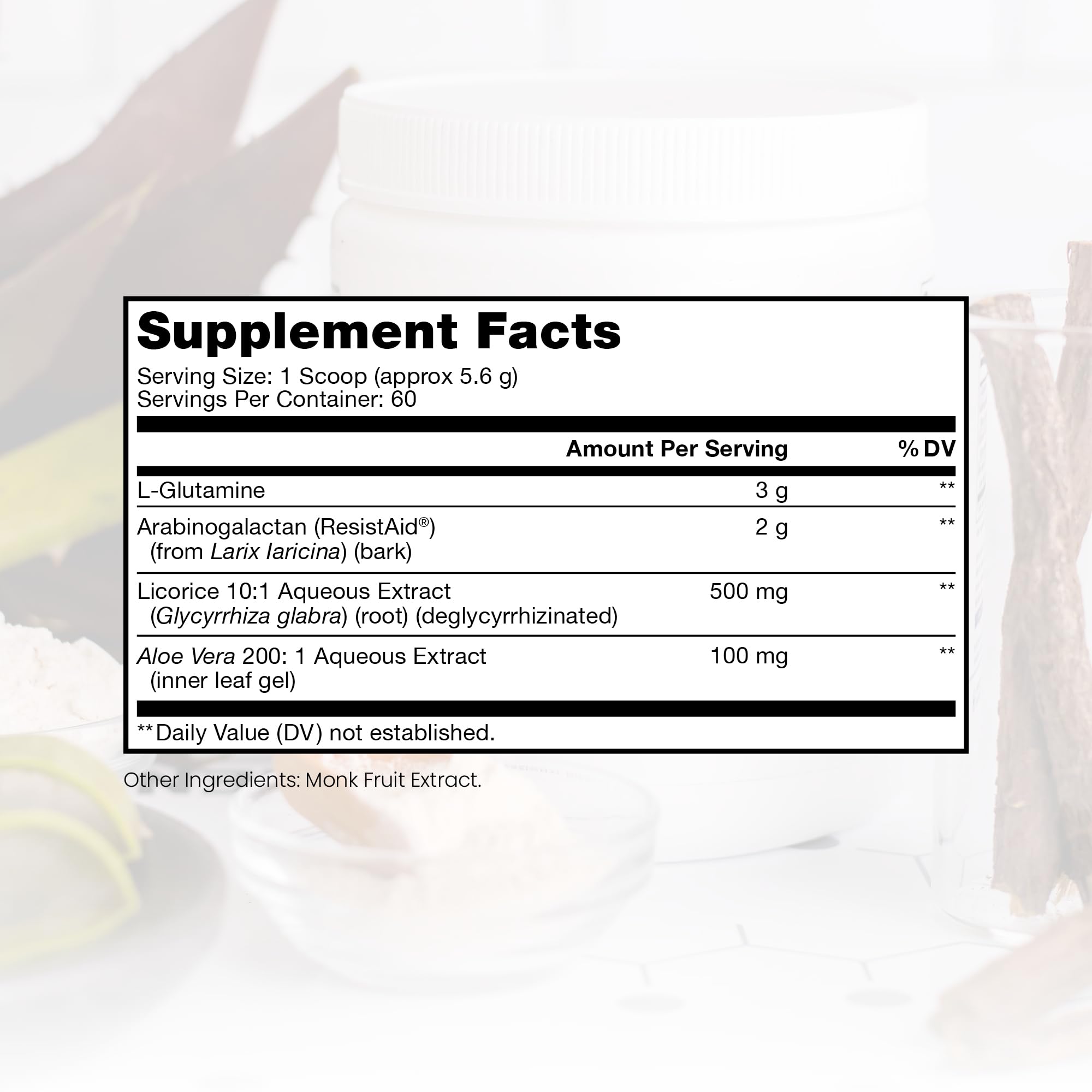 Close-up of L-Glutamine and Arabinogalactan ingredients