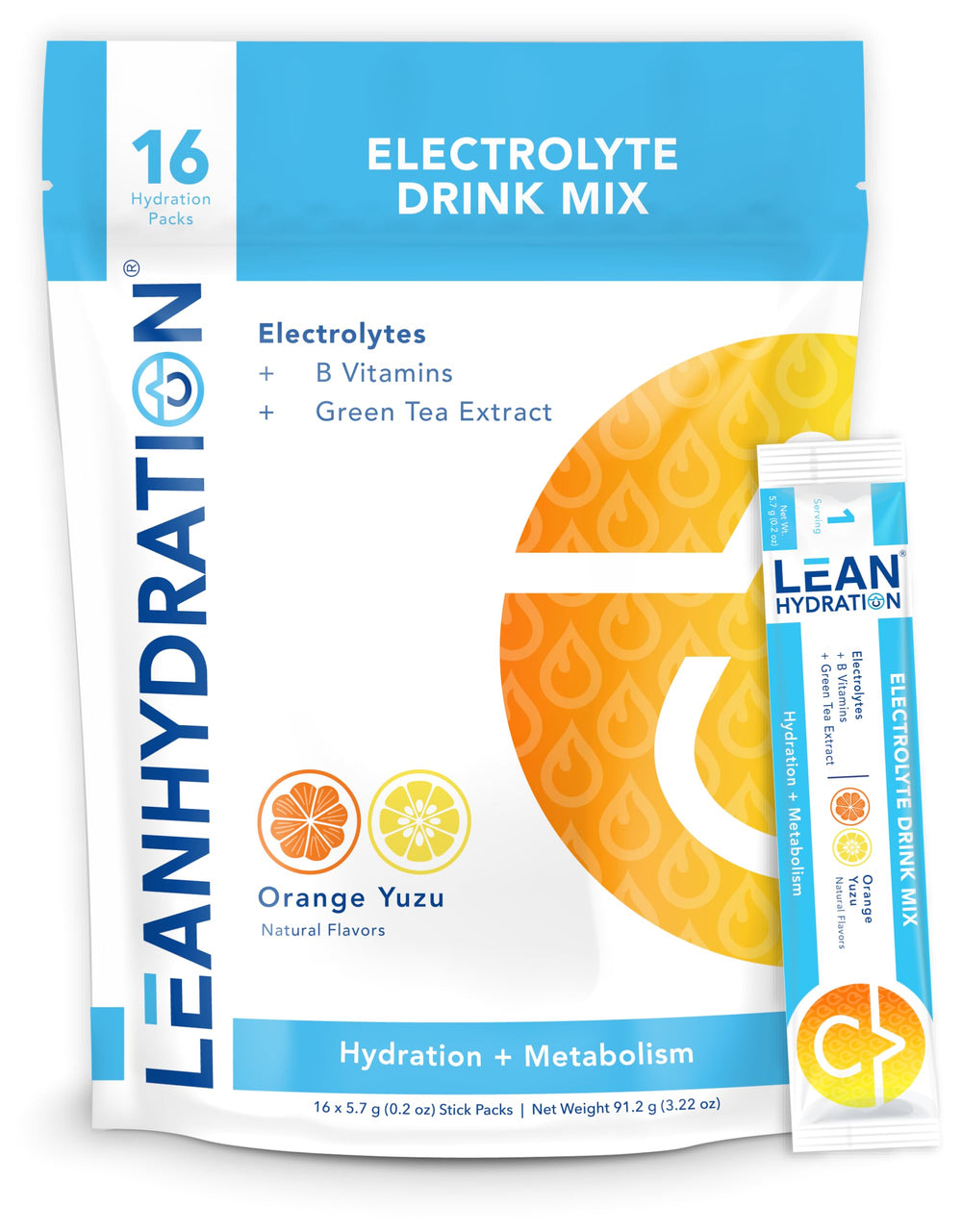 LEAN Hydration Orange Yuzu electrolyte drink mix packet front view