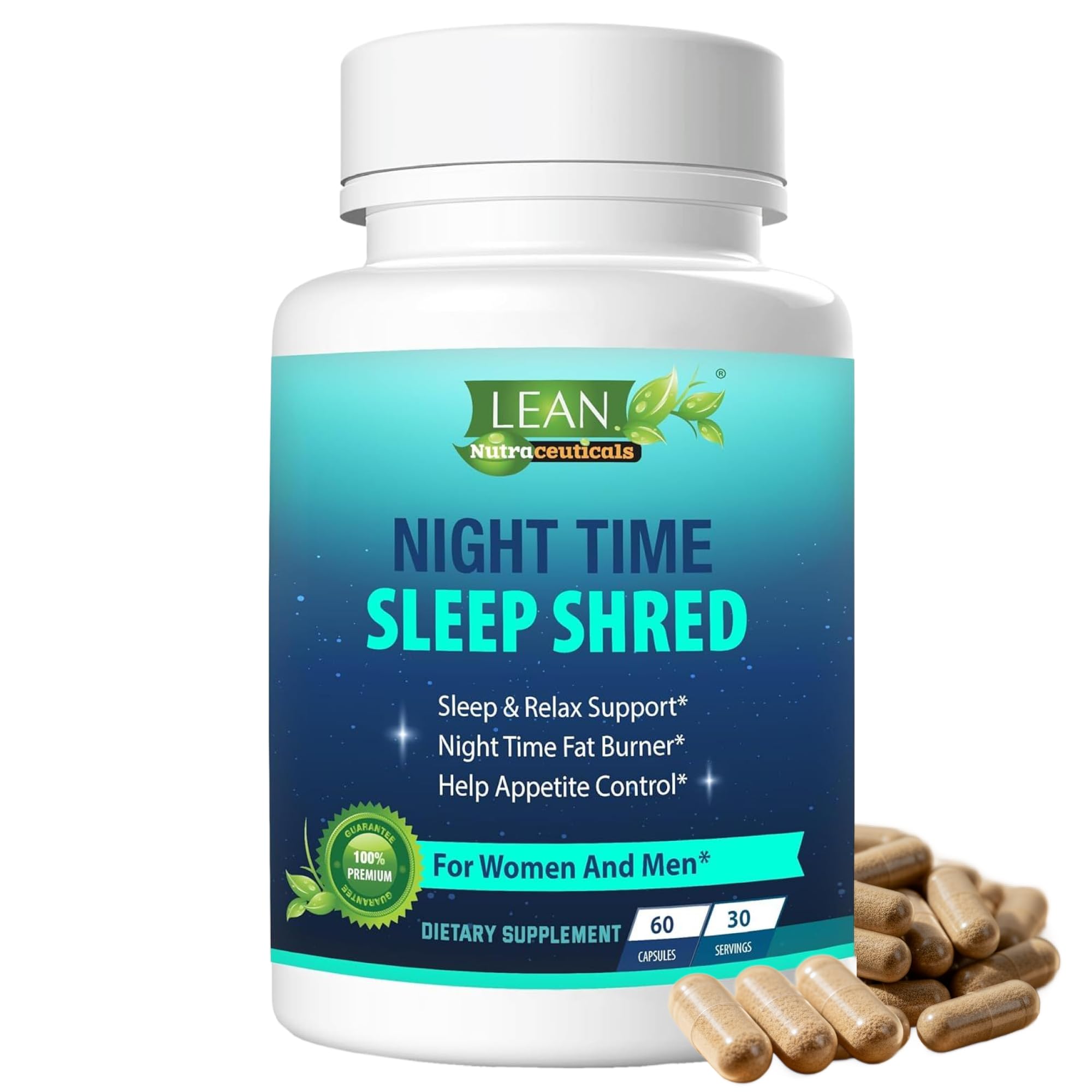 LEAN Nutra Night Time bottle on nightstand supports evening routine with calm, restful mood.