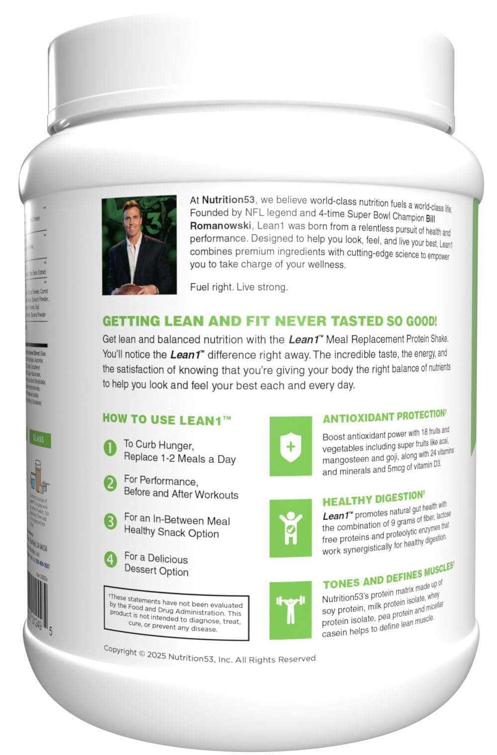 Lean1 Birthday Cake tub with packaging and scoop