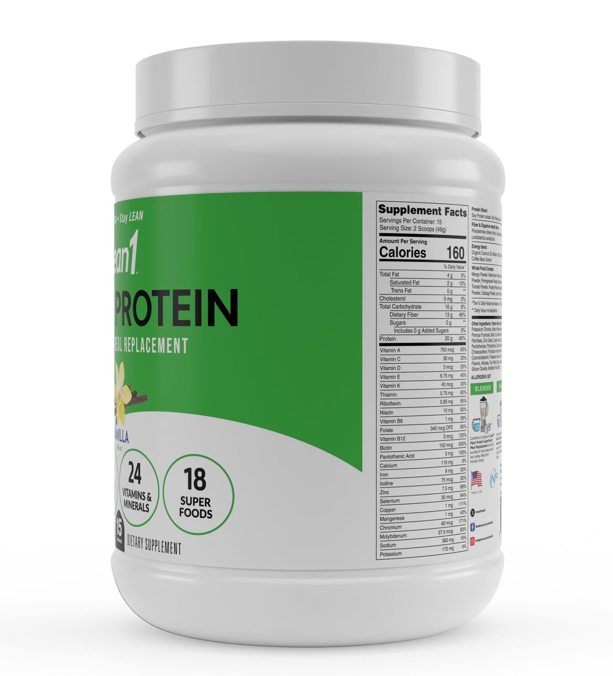 LEAN1 canola and sunflower oil ingredients panel signals clean plant fats in the formula.