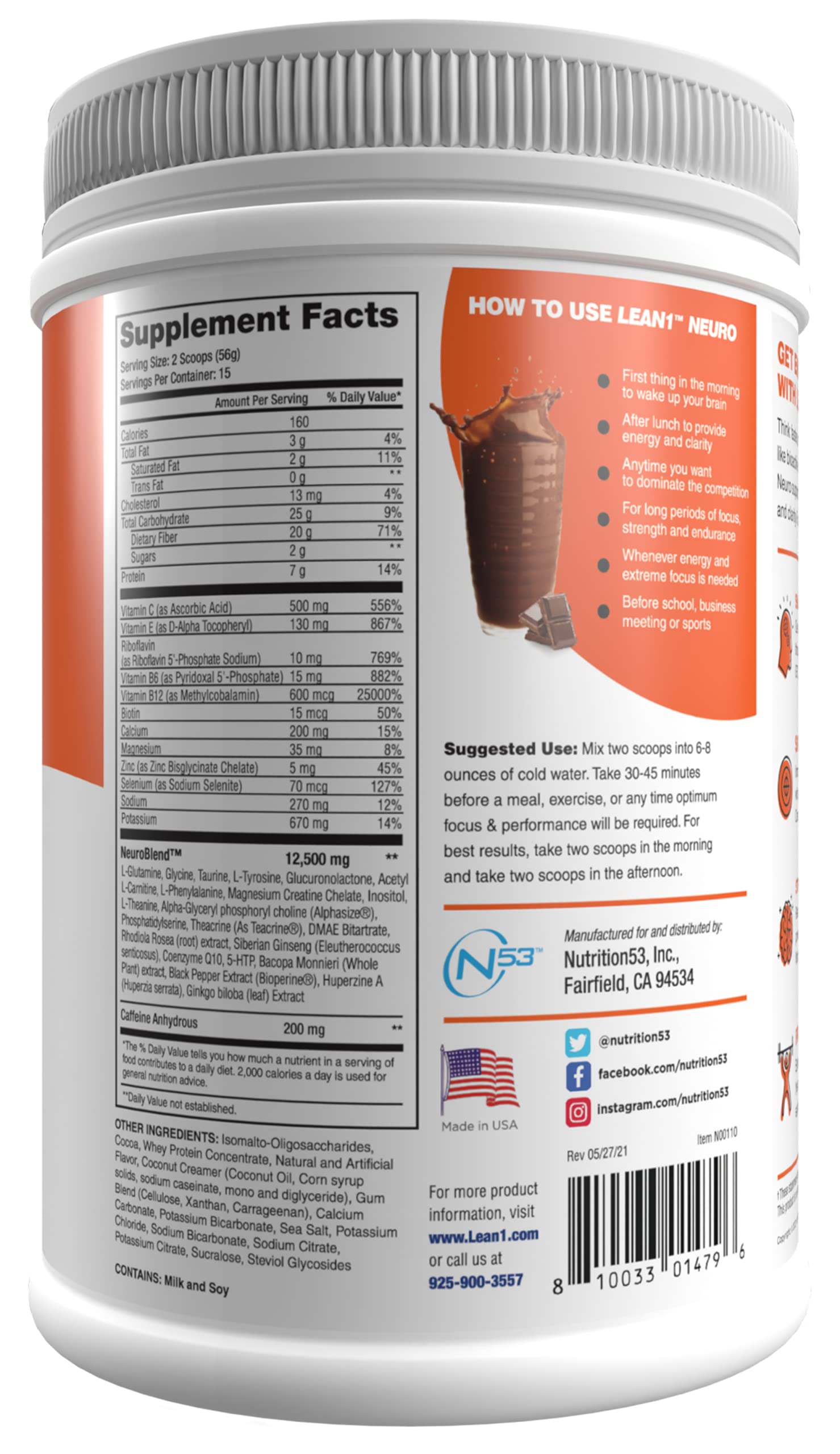Lean1 Neuro Chocolate packaging and tub
