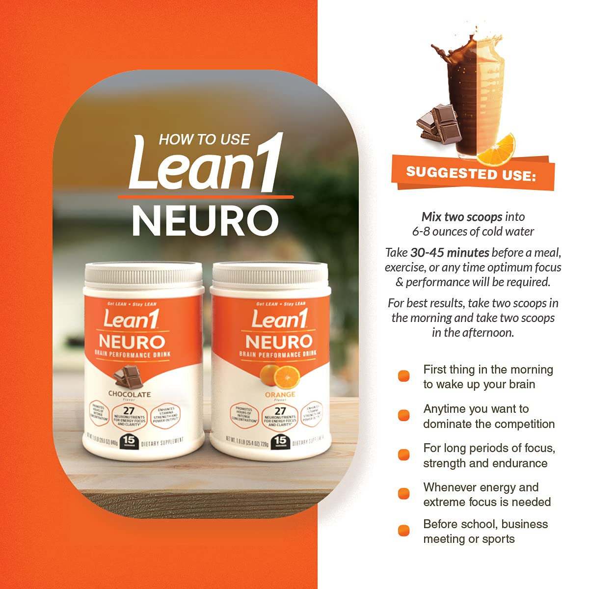 LEAN1 Neuro orange drink in glass illustrating refreshing flavor and focus support