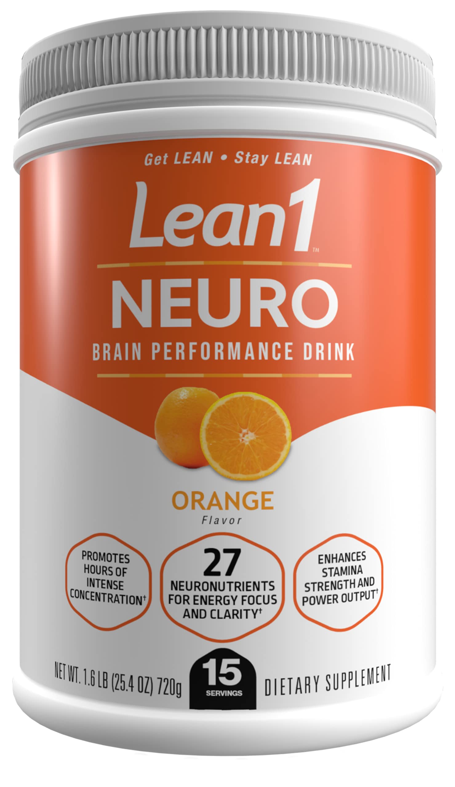 Lean1 Neuro orange flavor tub - front view