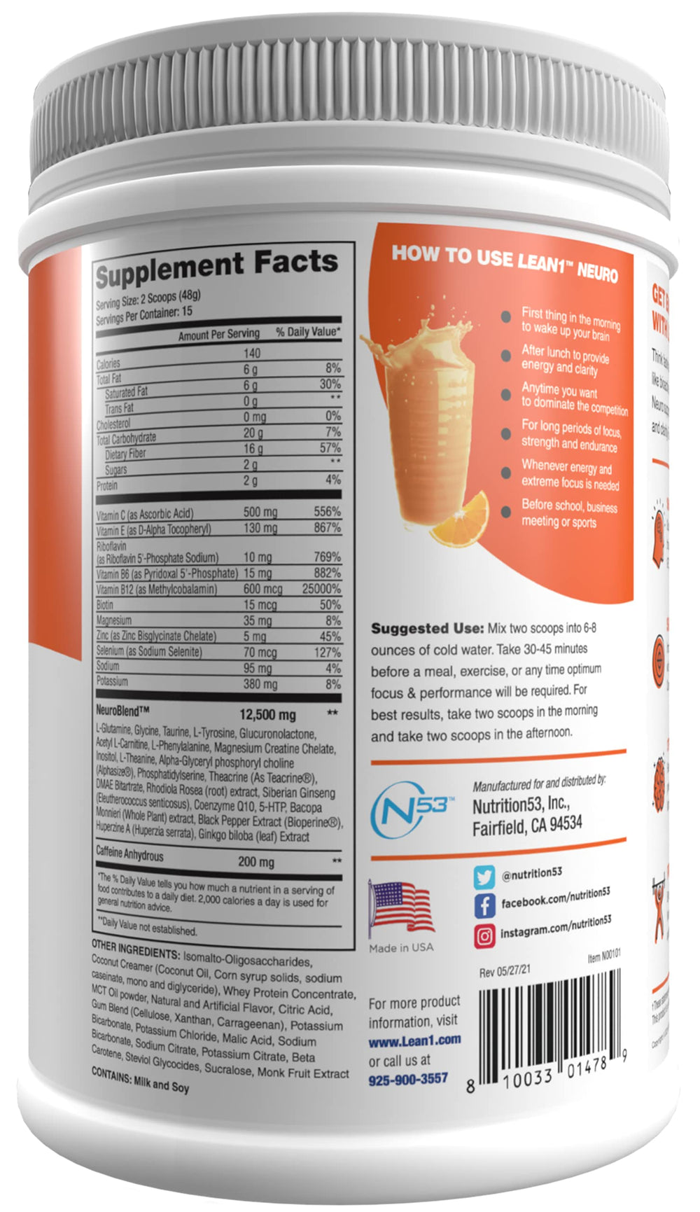LEAN1 Neuro orange tub close-up of label and neuronutrient blend