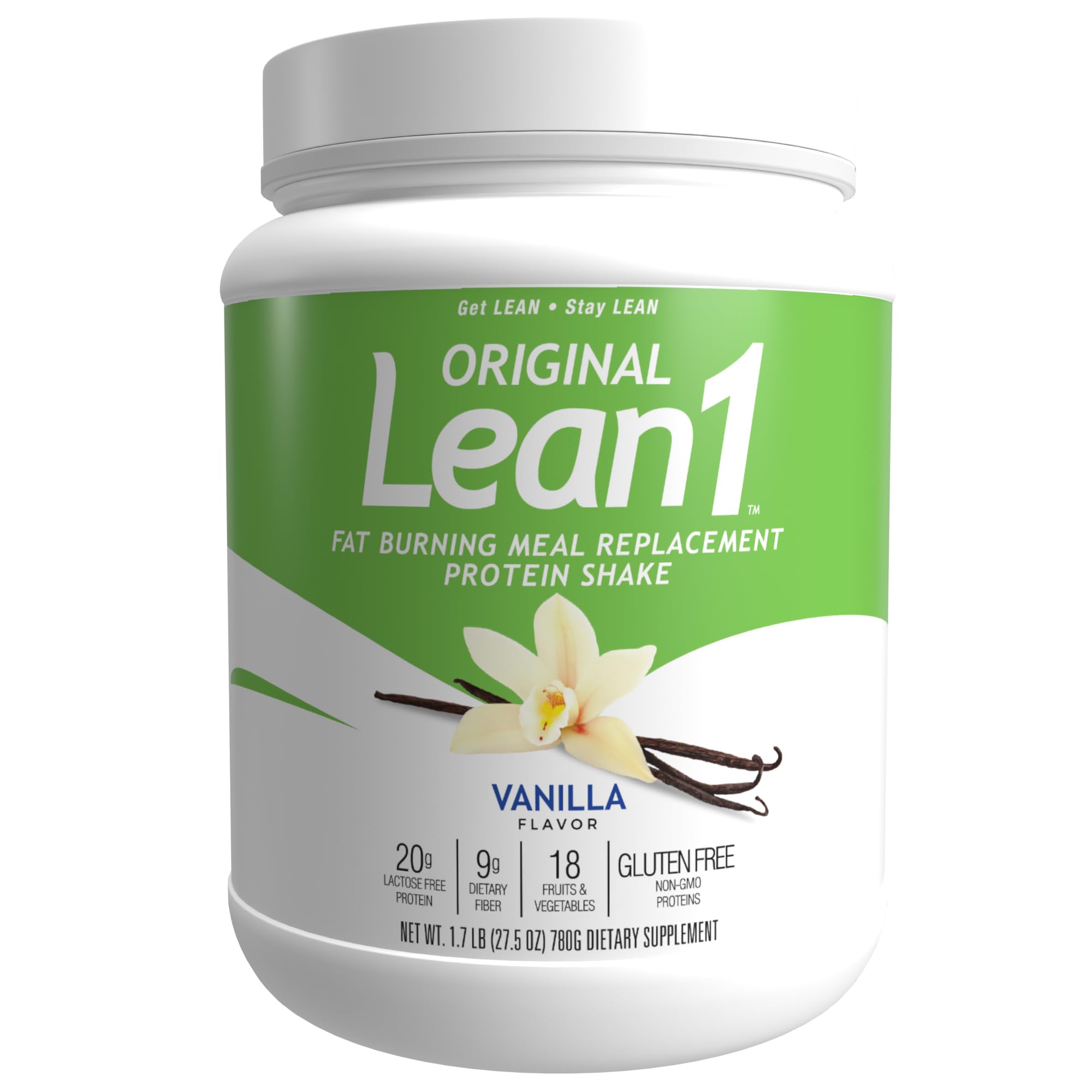 LEAN1 Nutrition53 vanilla bottle front, convenient lean meal replacement for on-the-go meals.