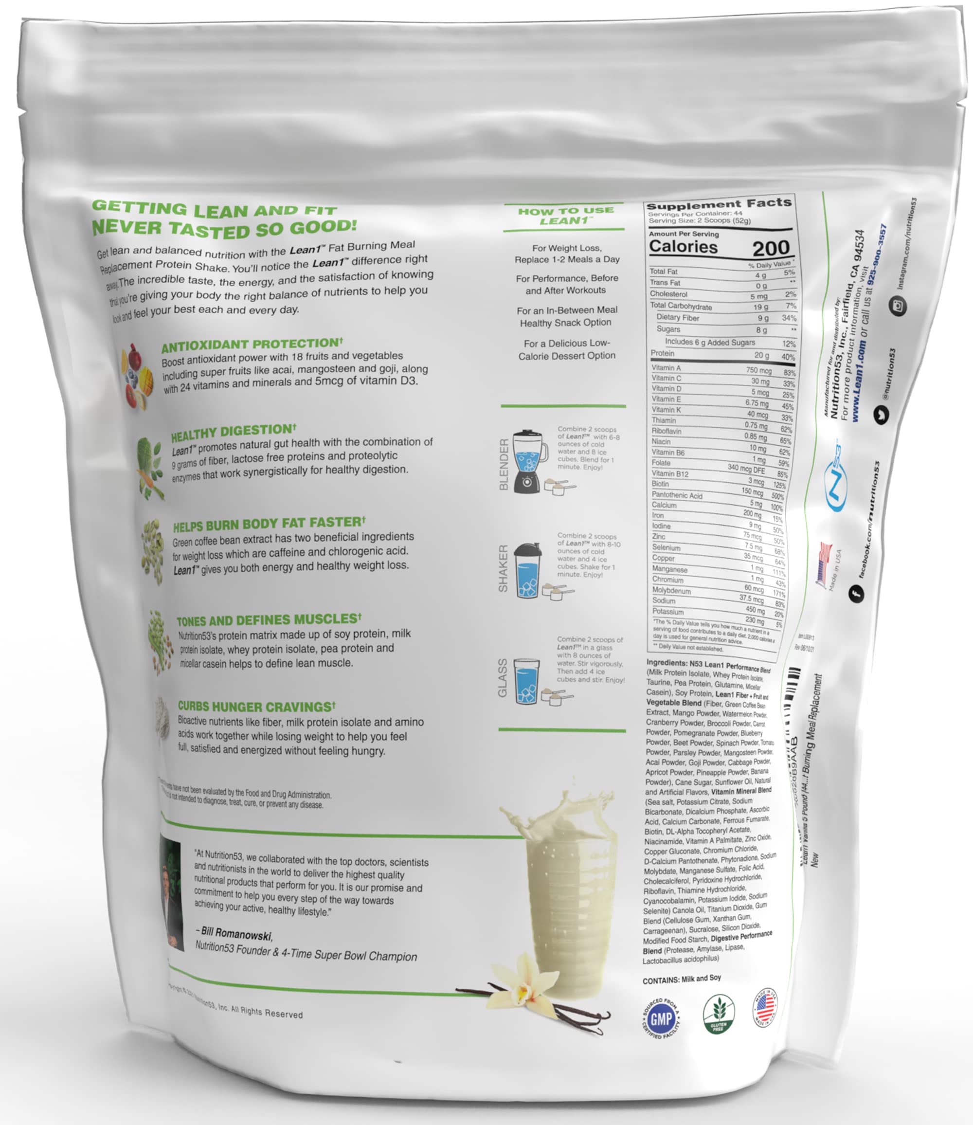LEAN1 Vanilla meal replacement powder bag for convenient daily nutrition.