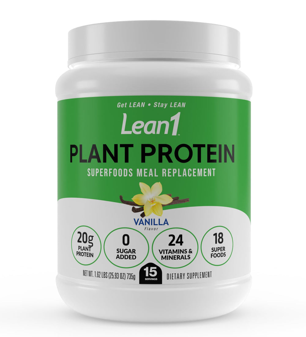 LEAN1 vanilla tub front view shows a plant-based protein powder ideal for on-the-go meals.
