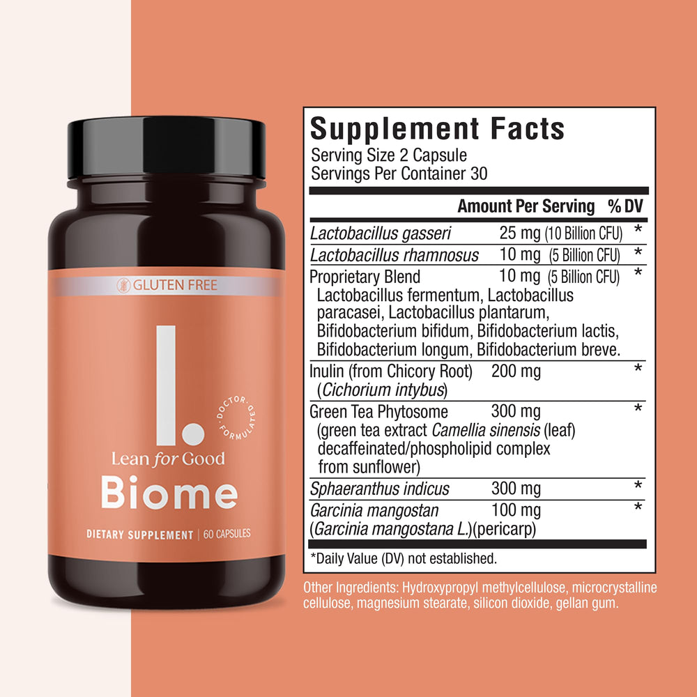 Close-up of Biome probiotic capsules and label showing 20B CFU per serving