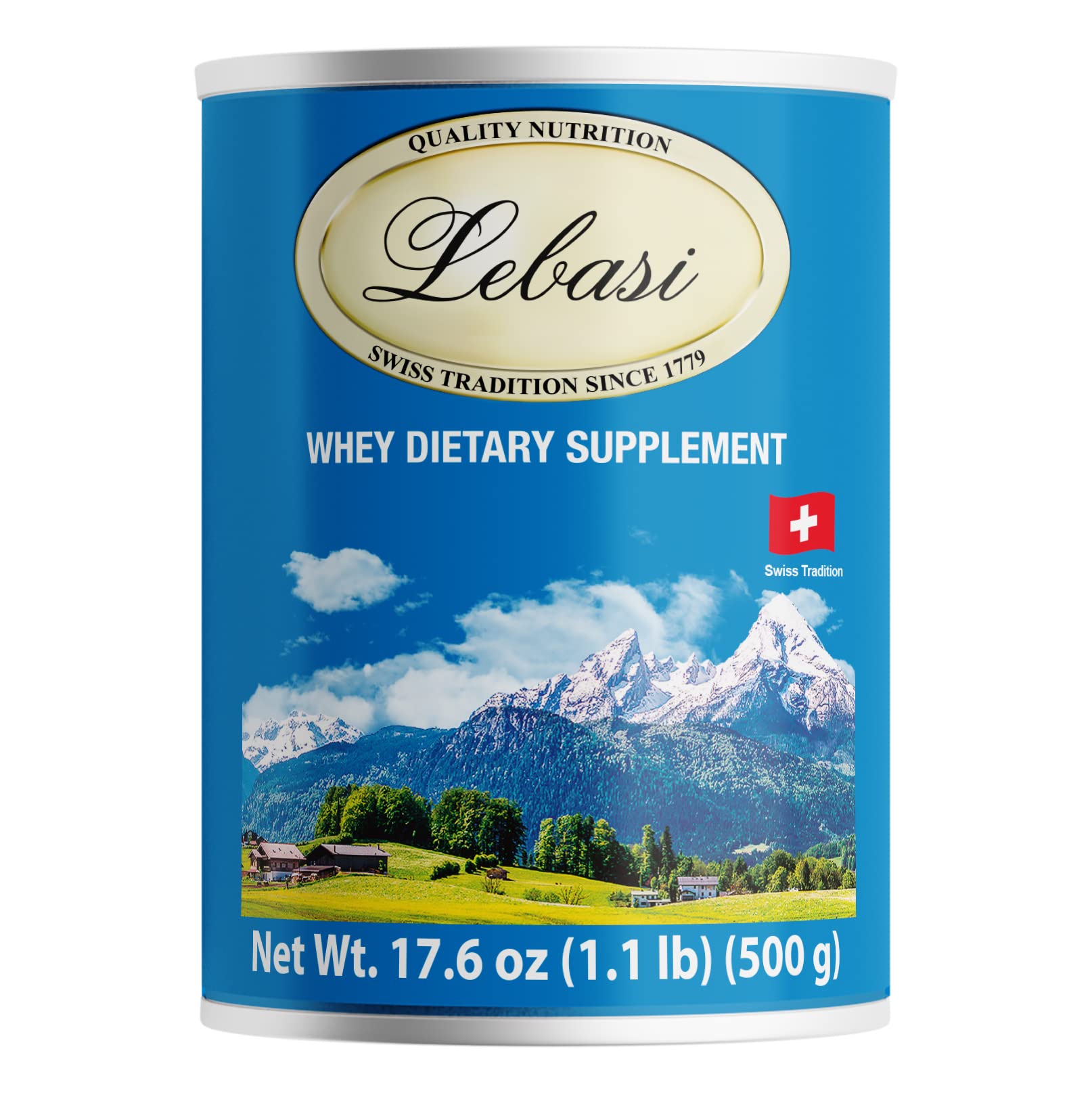 LEBASI Lactoserum 500g container showing protein-rich Swiss nutrition for all ages