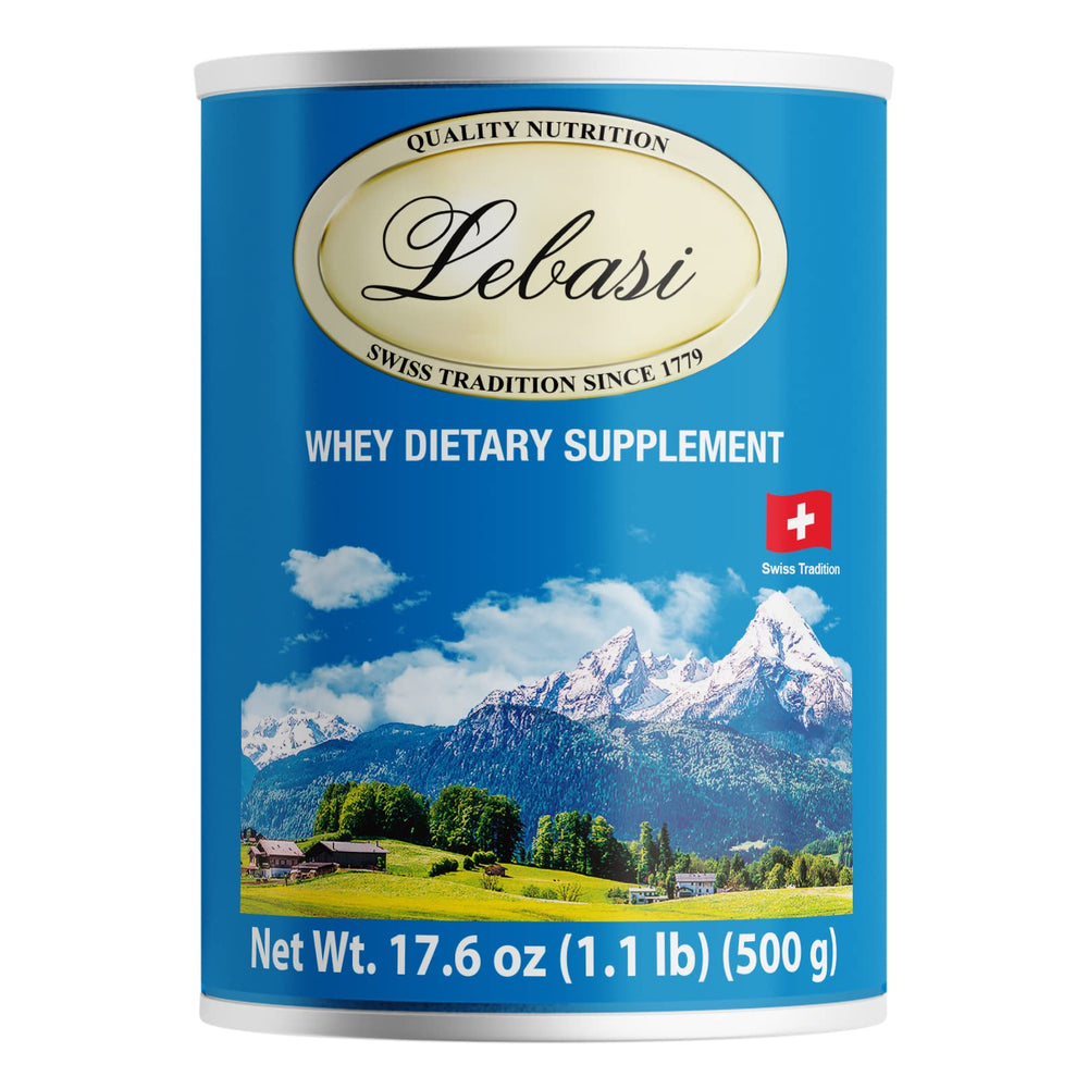 LEBASI Lactoserum 500g container showing protein-rich Swiss nutrition for all ages
