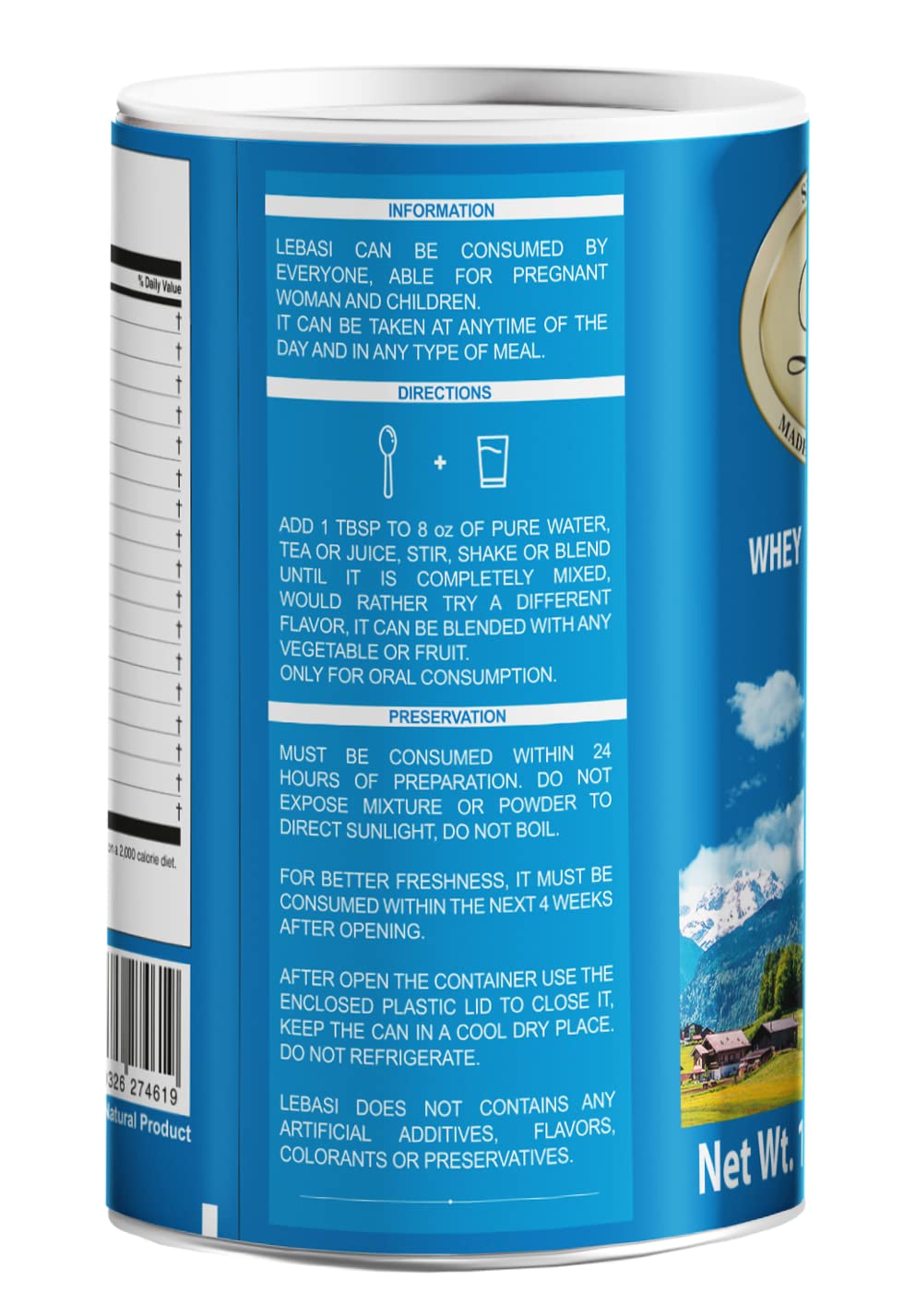 LEBASI Lactoserum label close-up highlighting nutrient-dense Swiss formula
