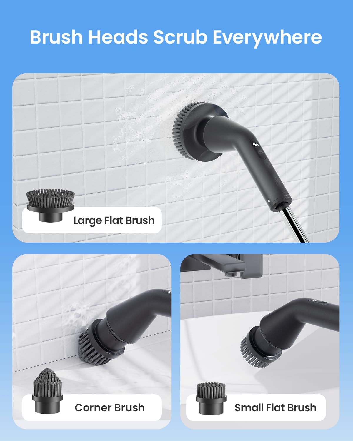 Leebein YMG-825 spin scrubber brush heads set including big flat, small flat, pointed, scouring, sponge, wool-like and cloth brushes