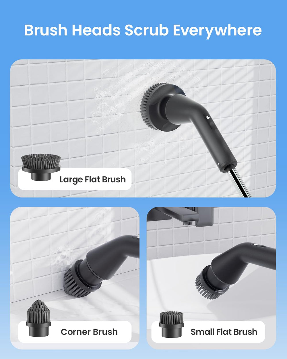 Leebein YMG-825 spin scrubber brush heads set including big flat, small flat, pointed, scouring, sponge, wool-like and cloth brushes