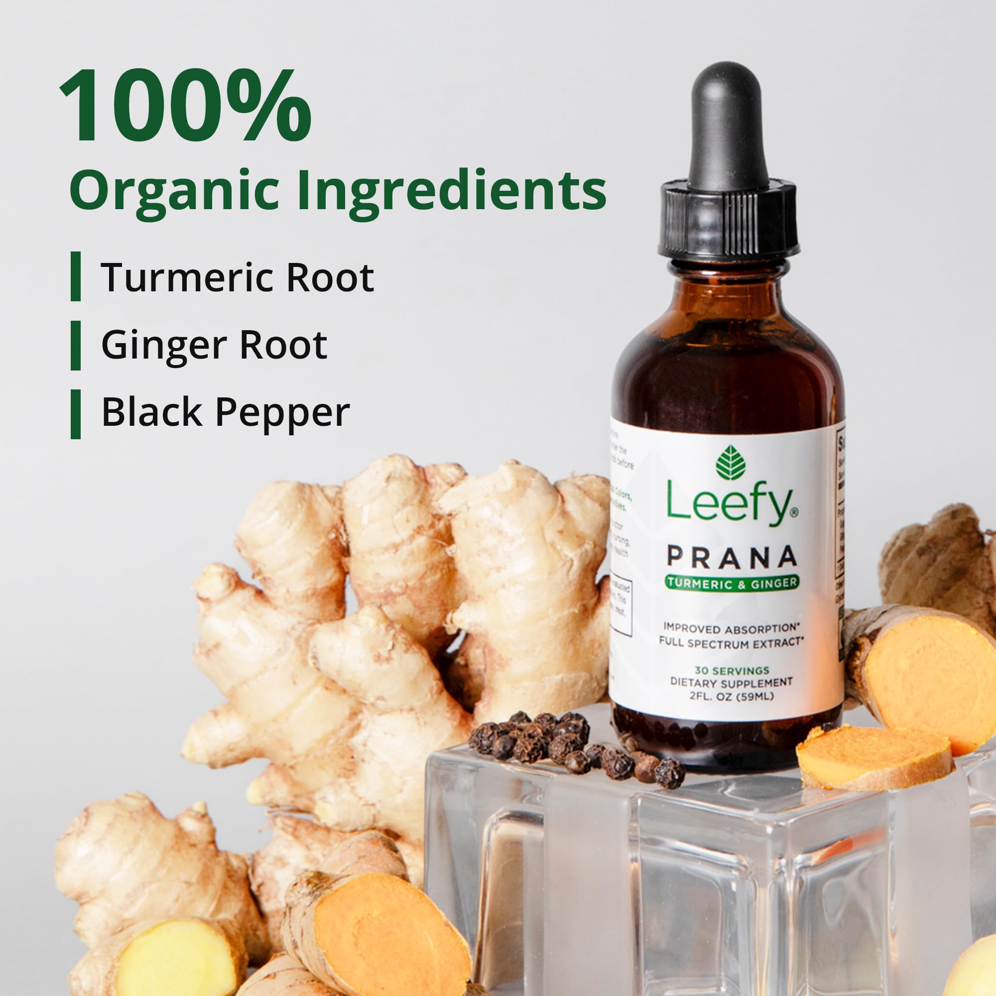 Organic turmeric root, fresh ginger and whole black pepper used in PRANA