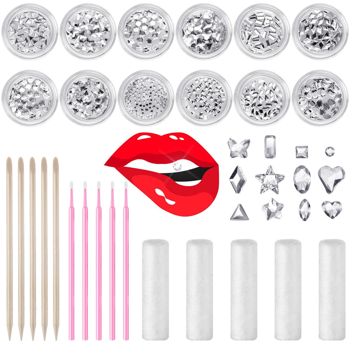 480 white crystal tooth gems arranged in 12 clear round boxes