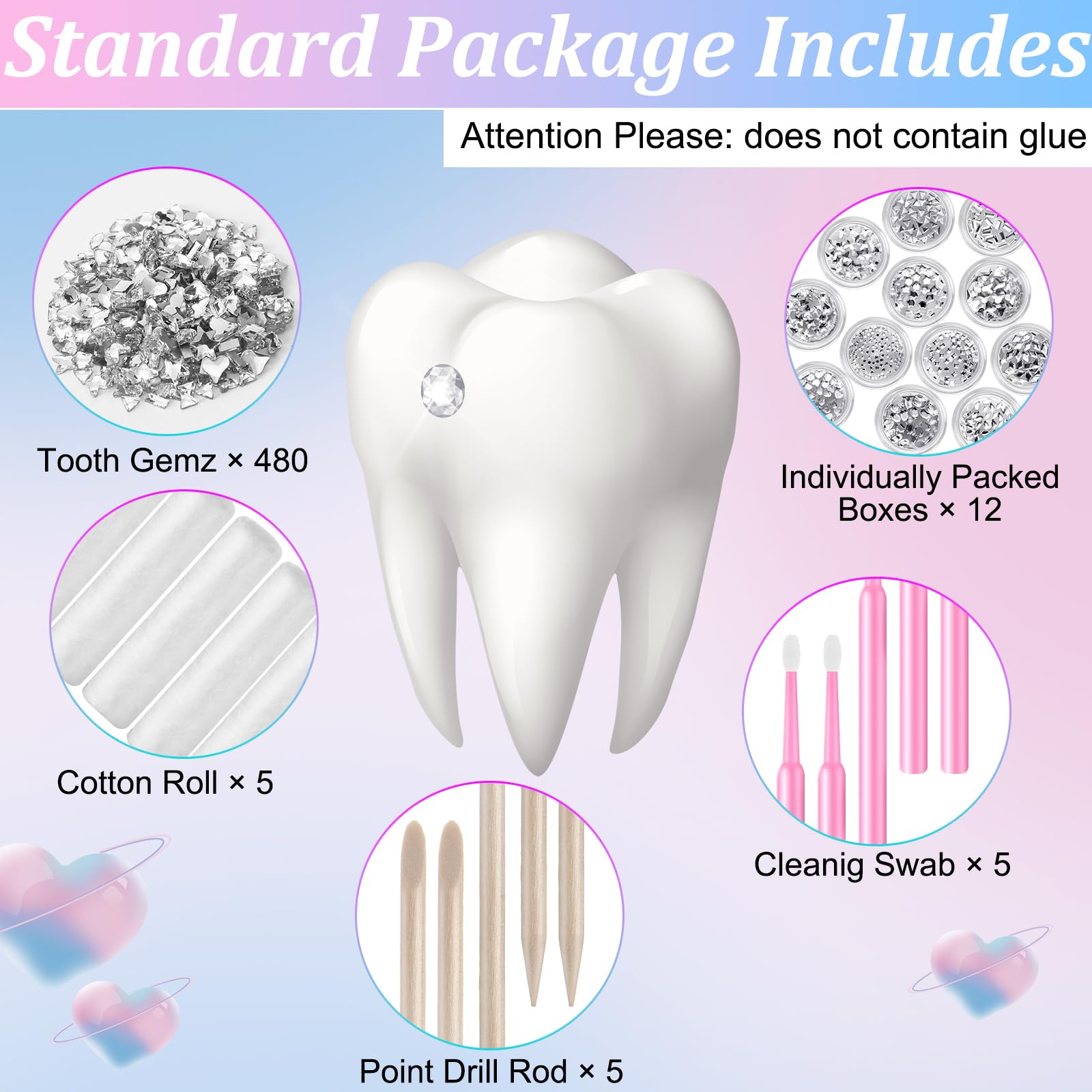 12 transparent round boxes with white crystal tooth gems