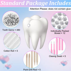12 transparent round boxes with white crystal tooth gems