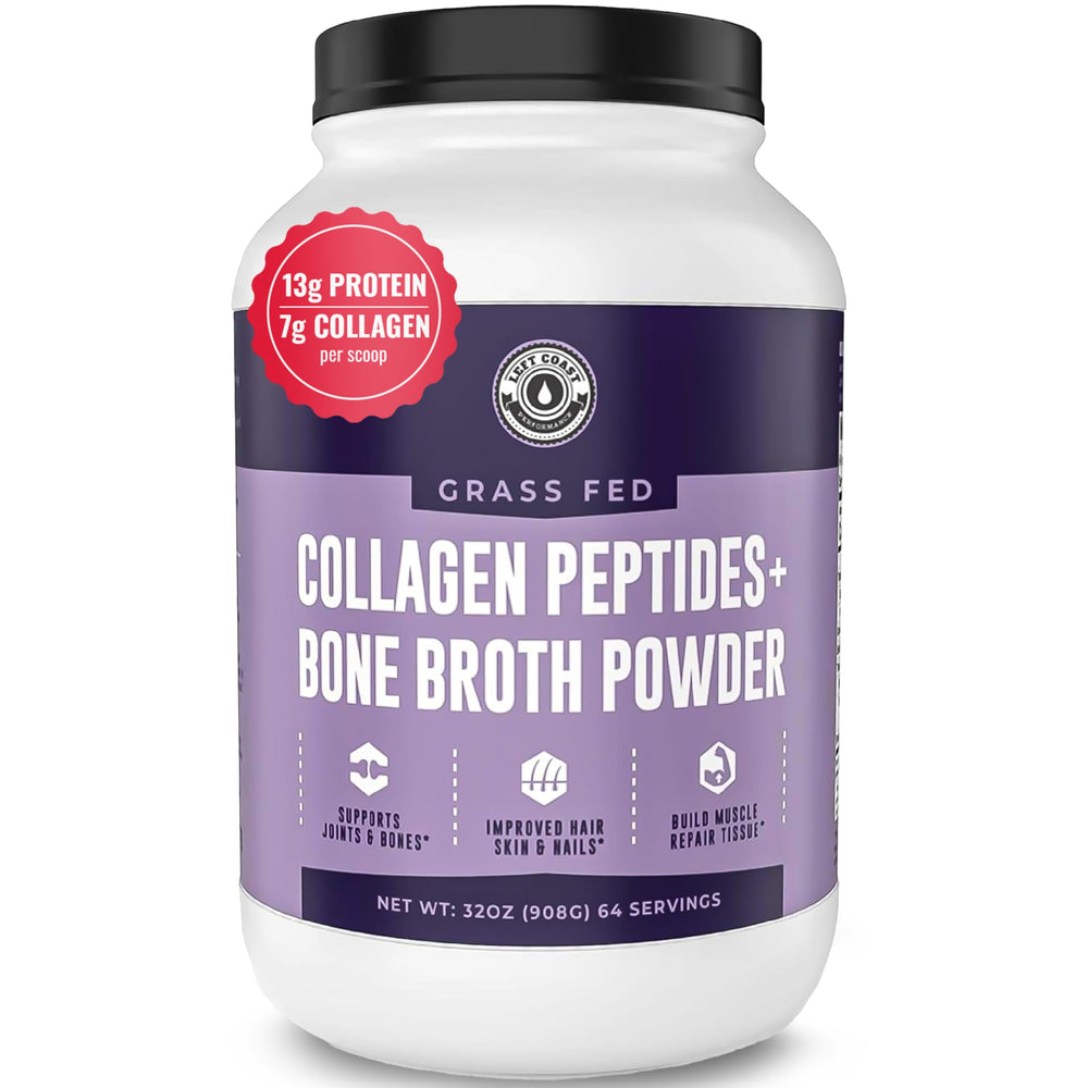 Front view of Left Coast Performance Collagen Bone Broth Powder 2lb container