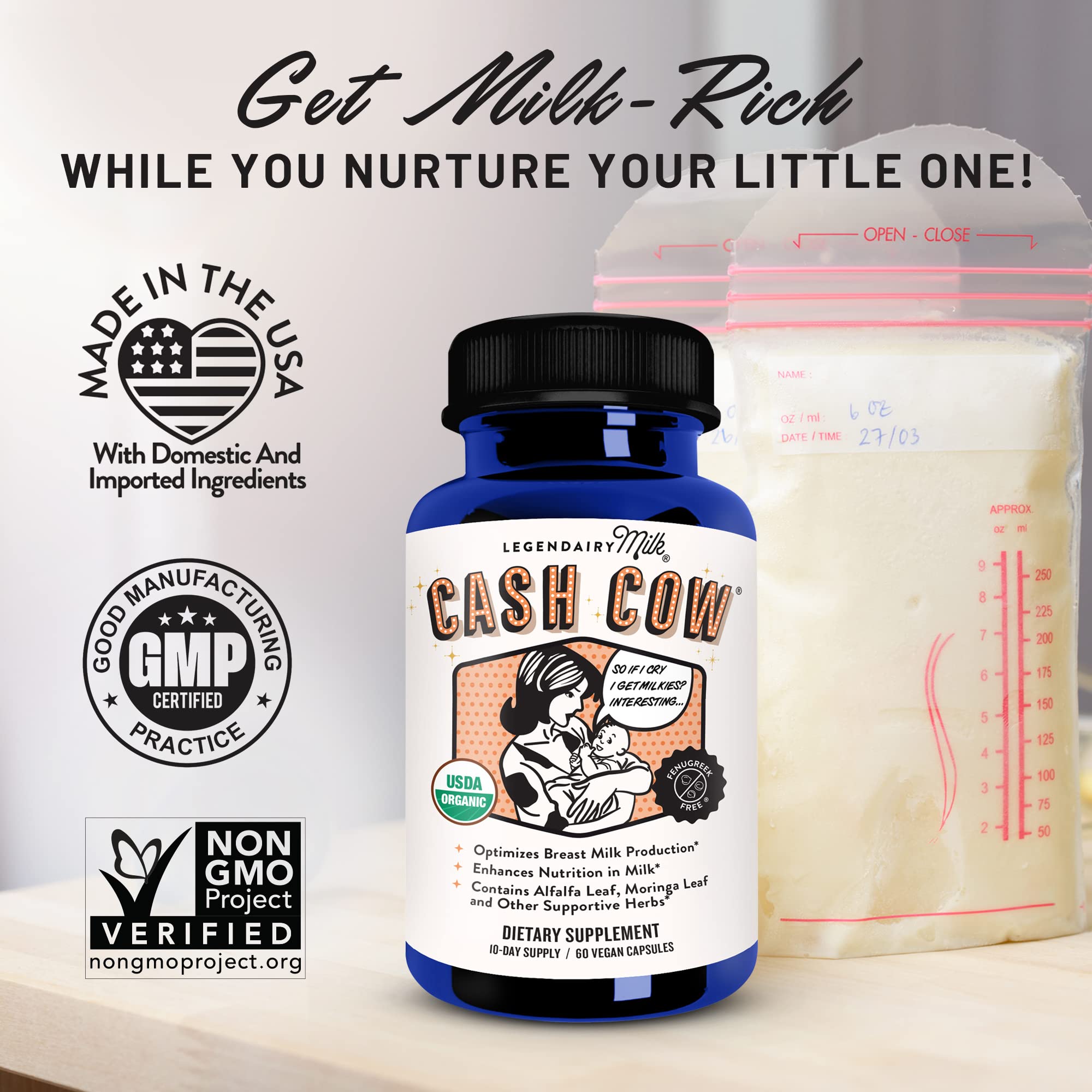Legendairy Milk Cash Cow bottle back highlighting fenugreek-free formula and organic ingredients