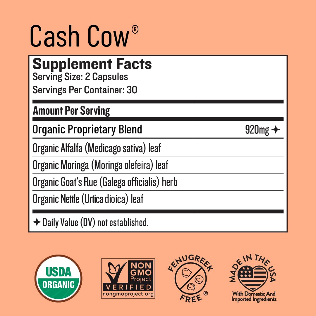 Legendairy Milk Cash Cow herbal blend jar showcases moringa, alfalfa, nettle, and goat's rue