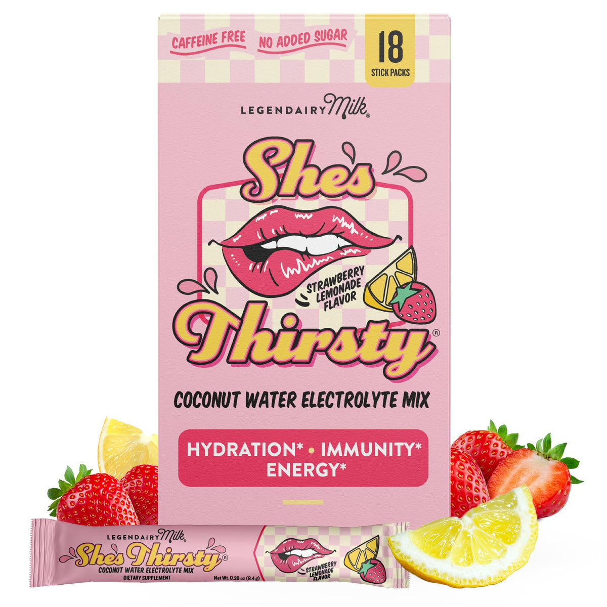 Hero image of Legendairy Milk She’s Thirsty Strawberry Lemonade hydration packets