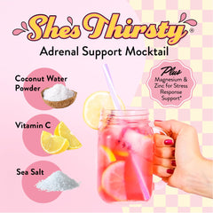 Close-up of a hydration packet for She’s Thirsty Strawberry Lemonade