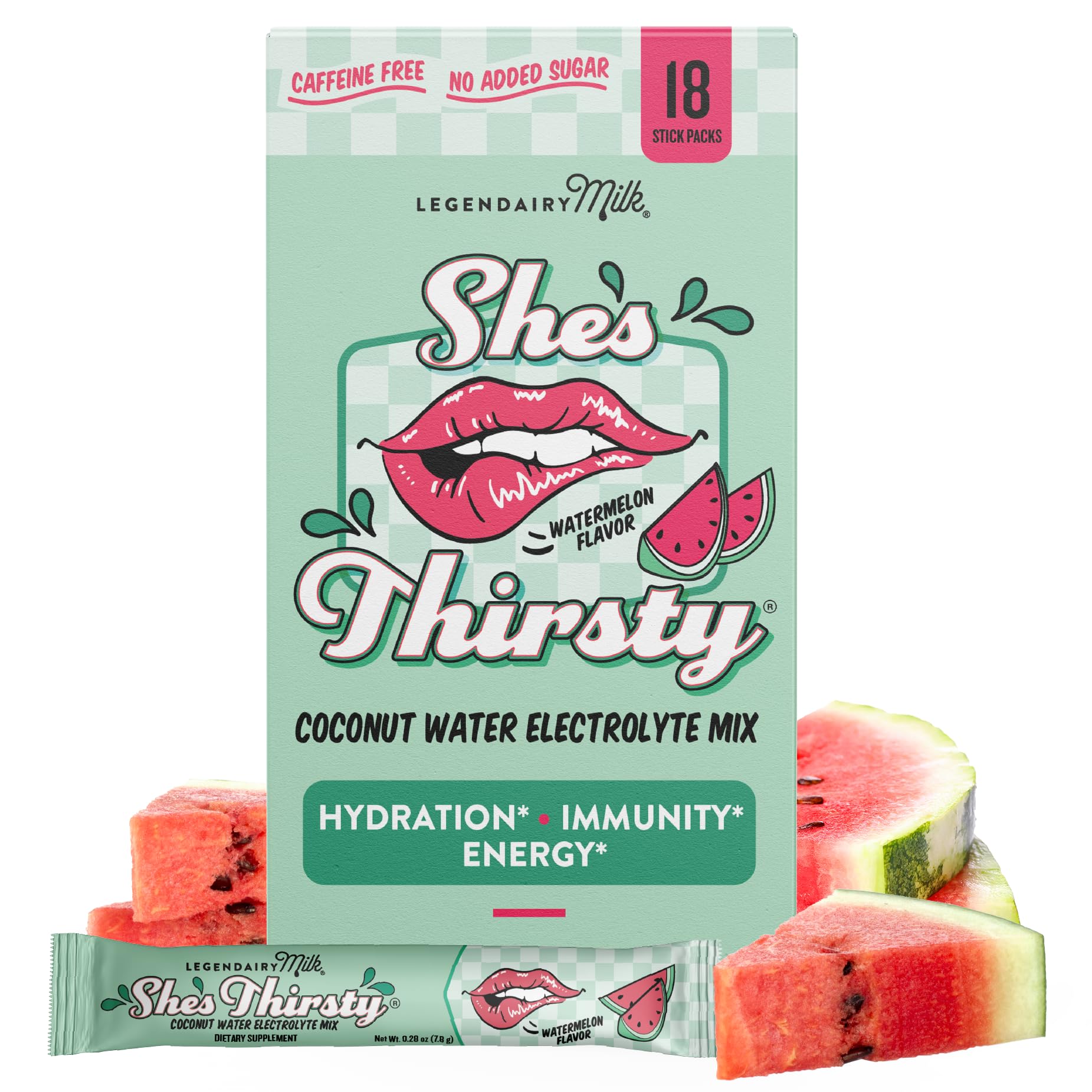 Legendairy Milk She's Thirsty Watermelon Hydration Packets box and sachet