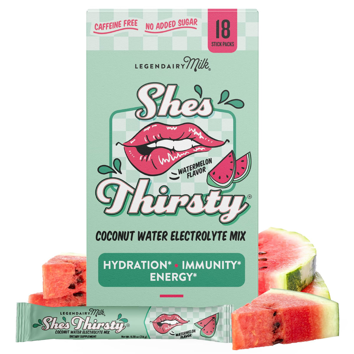 Legendairy Milk She's Thirsty Watermelon Hydration Packets box and sachet
