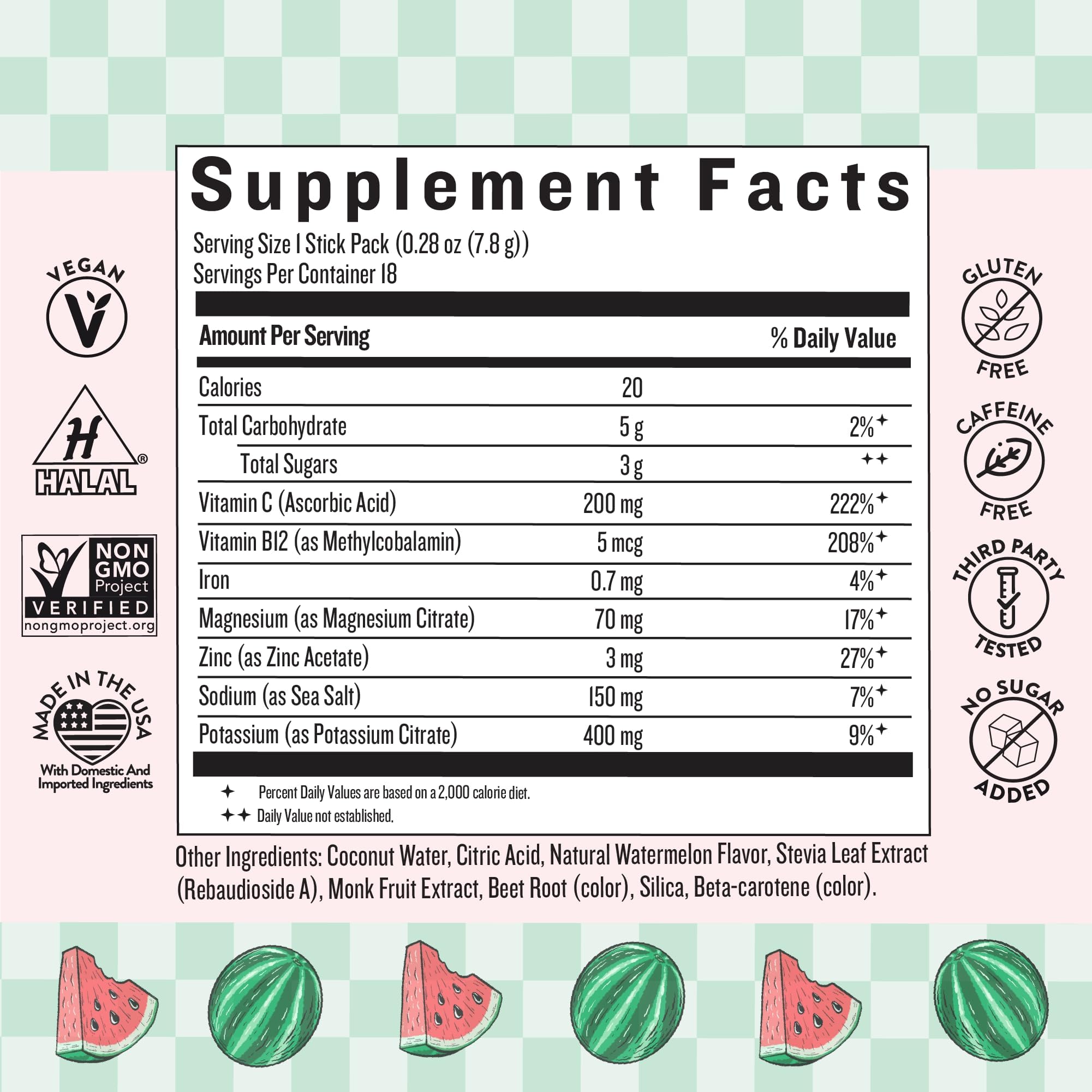 Close-up of She's Thirsty hydration packets showing watermelon flavor