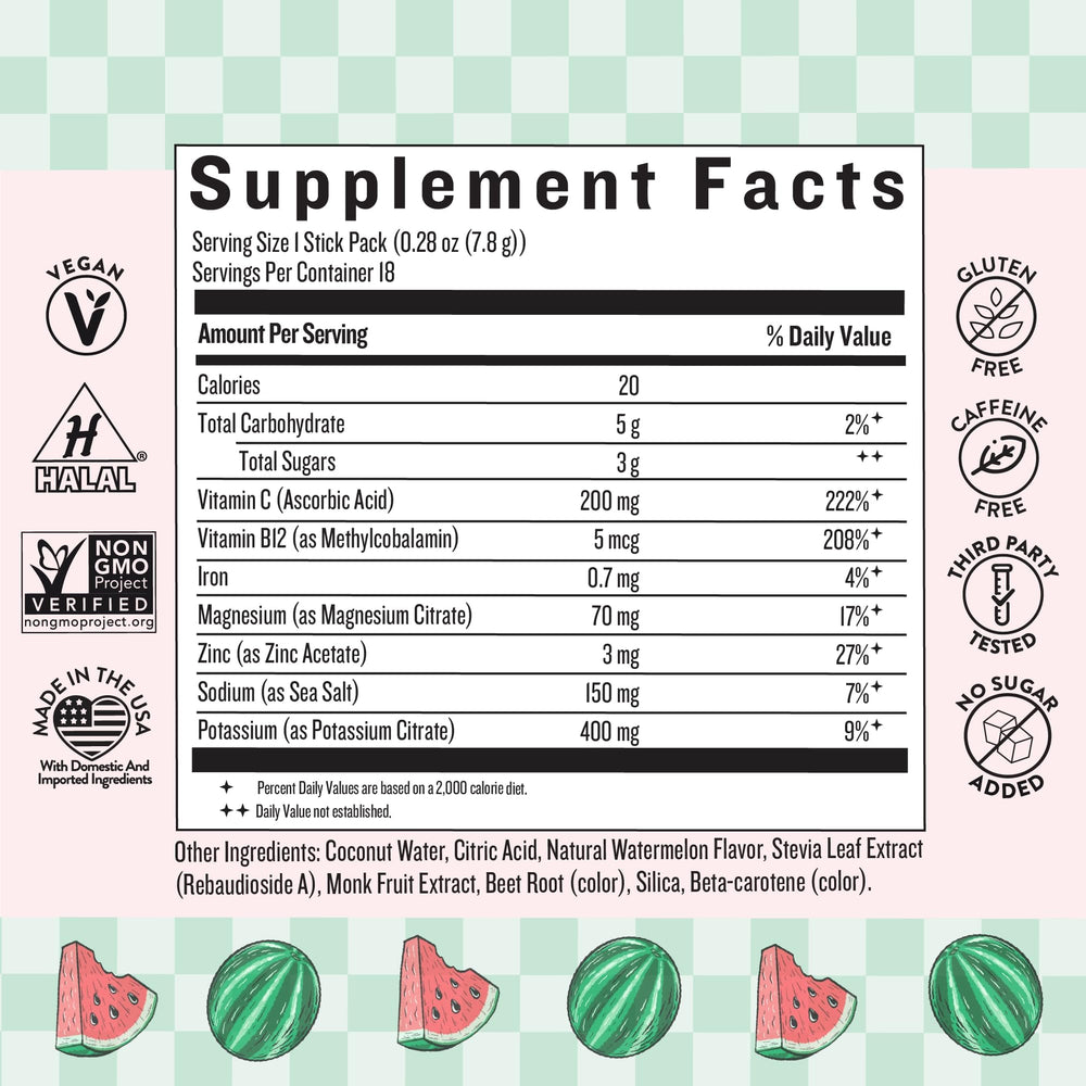 Close-up of She's Thirsty hydration packets showing watermelon flavor