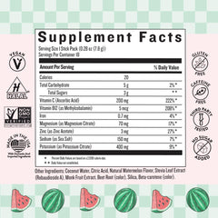 Close-up of She's Thirsty hydration packets showing watermelon flavor