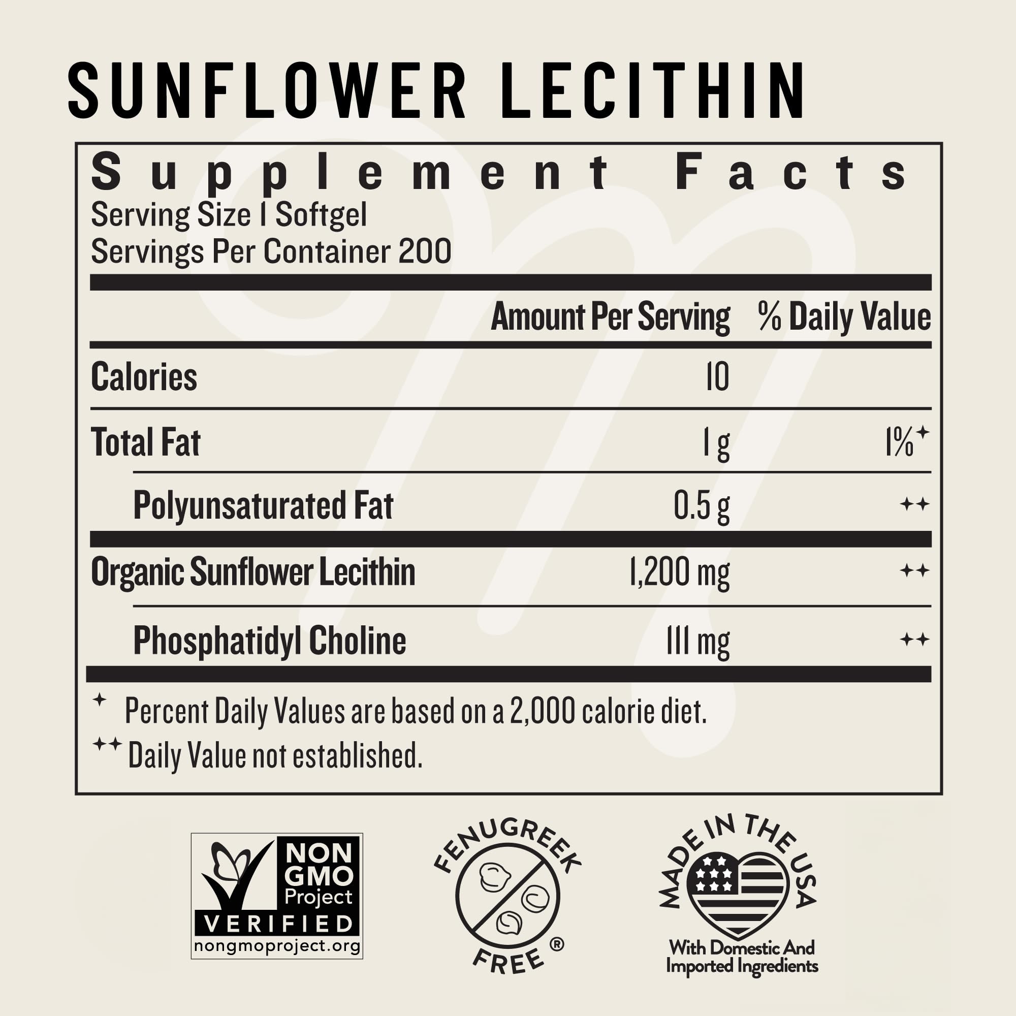 Legendairy Milk Sunflower Lecithin label detail shows Non-GMO verification.