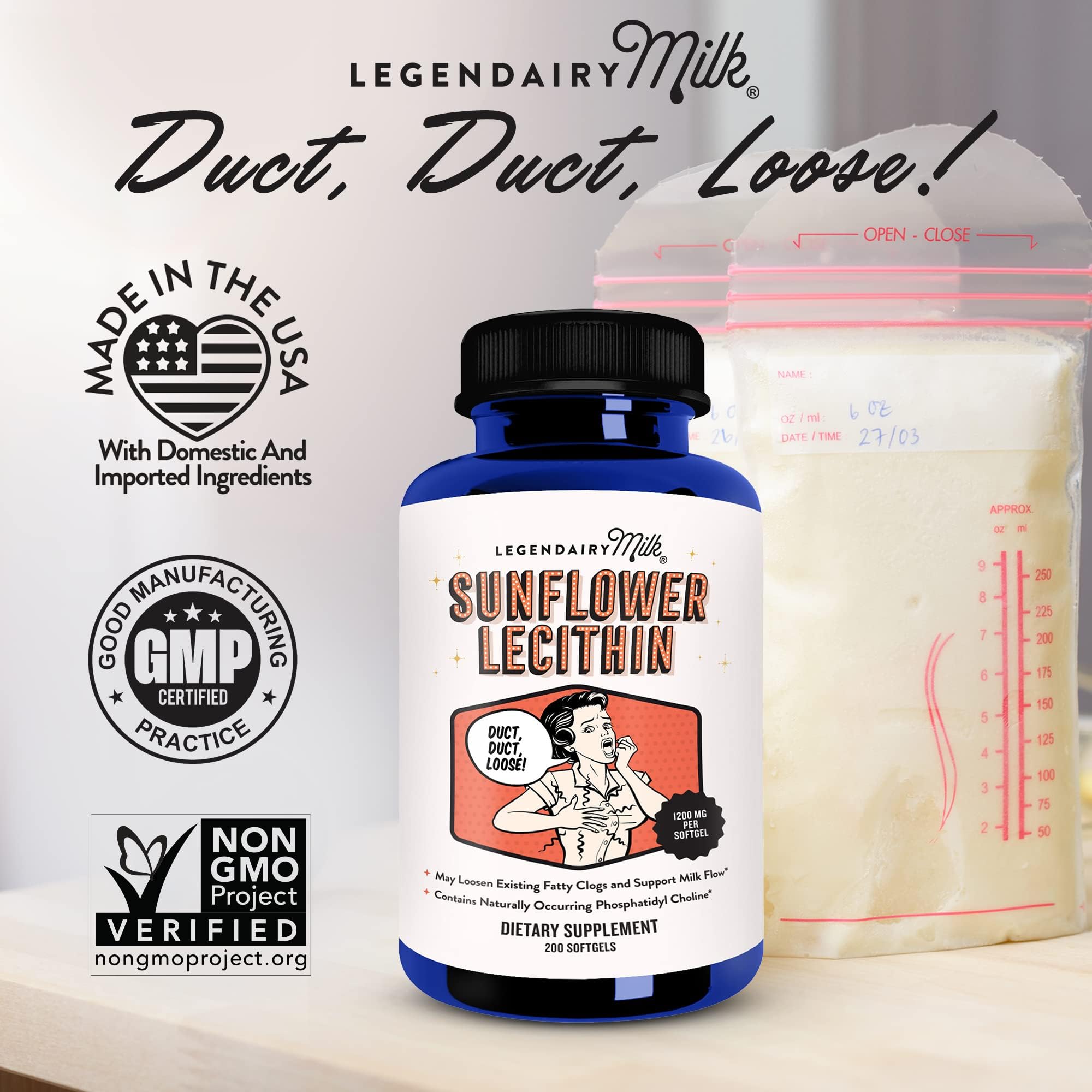 Legendairy Milk Sunflower Lecithin softgels being dispensed for daily use.