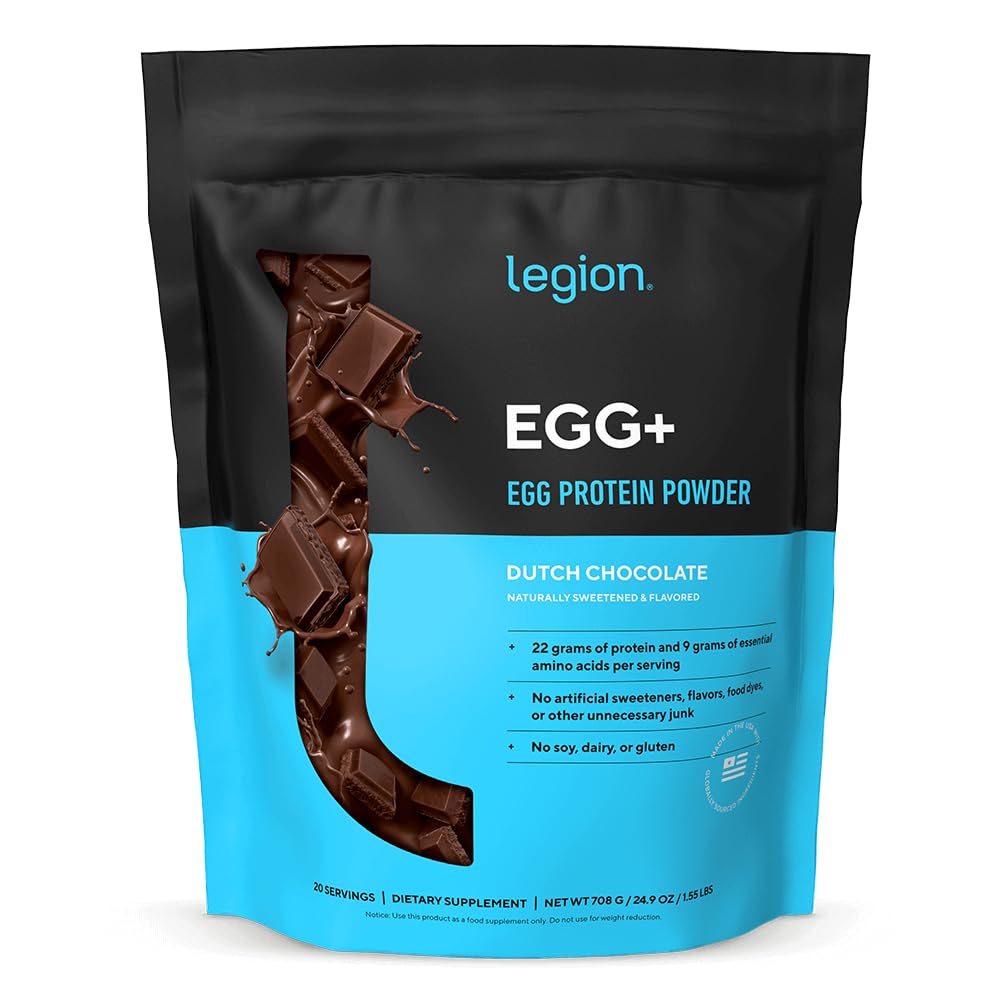 LEGION Egg+ chocolate powder bottle demonstrates high-protein support for workouts