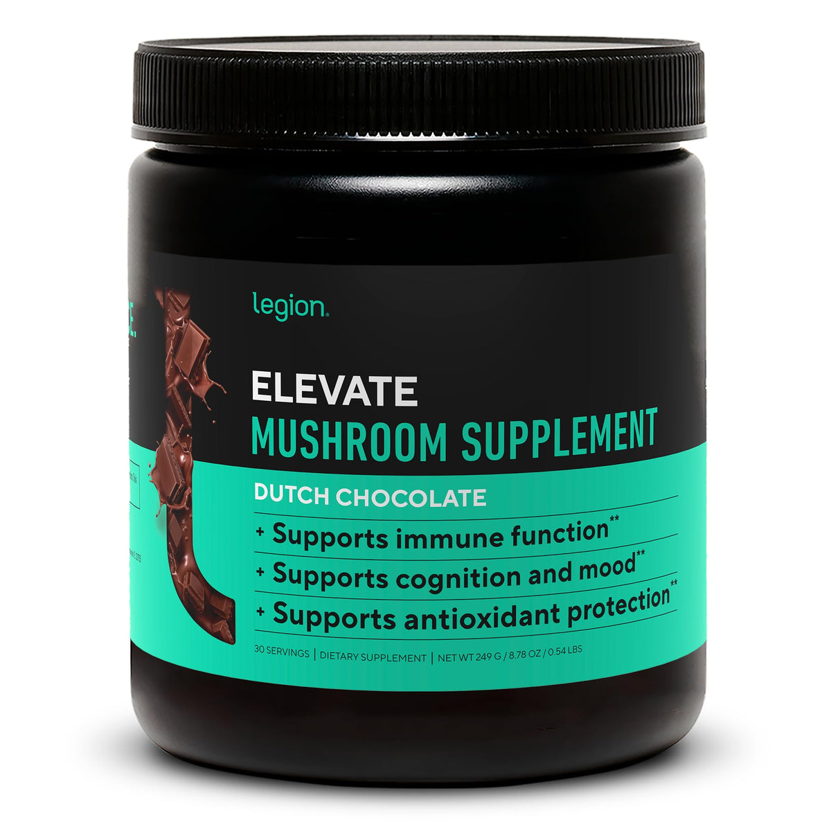 LEGION Elevate Mushroom Supplement Powder front label in Dutch Chocolate flavor (30 servings)
