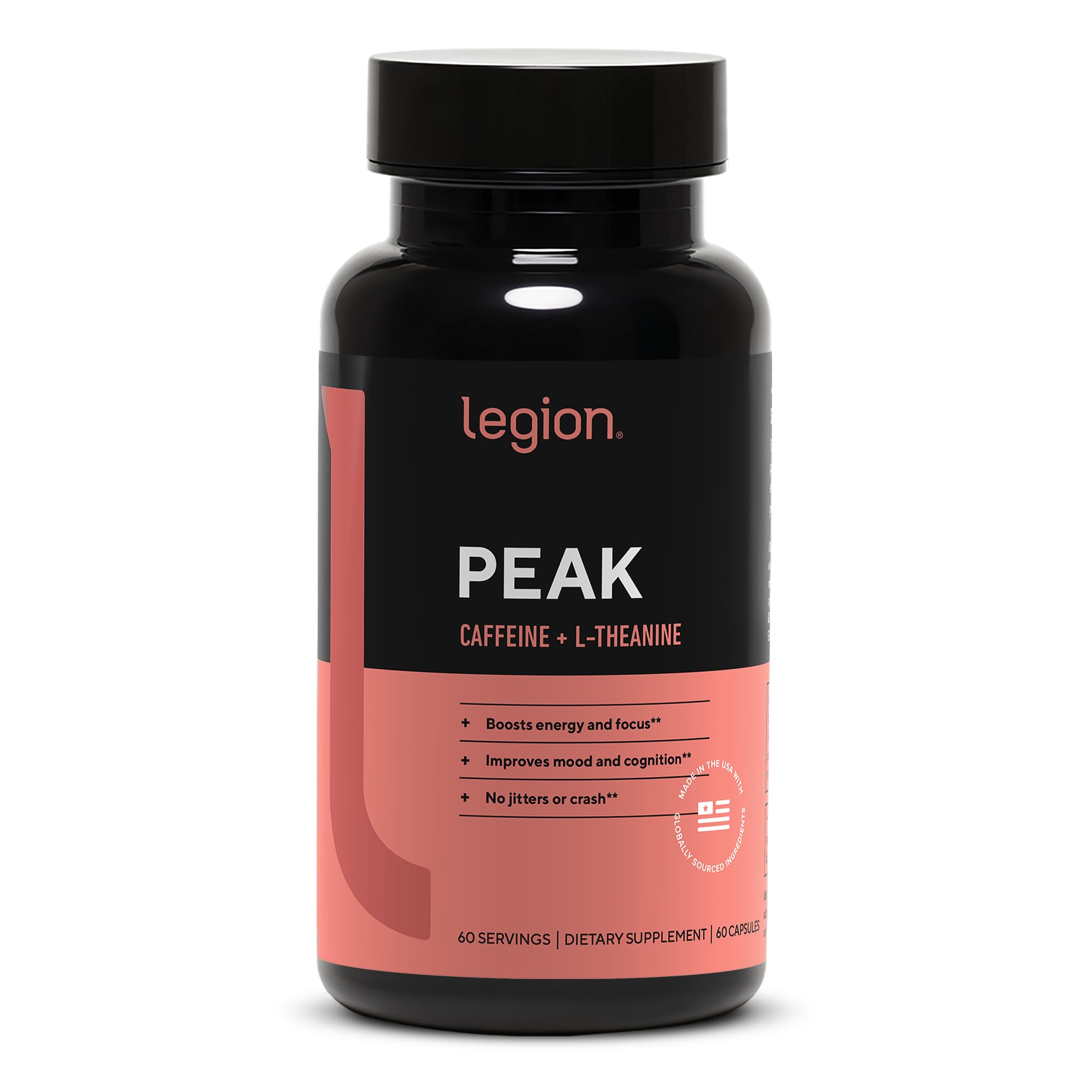 Legion Peak capsules front label showing smooth energy and focus support