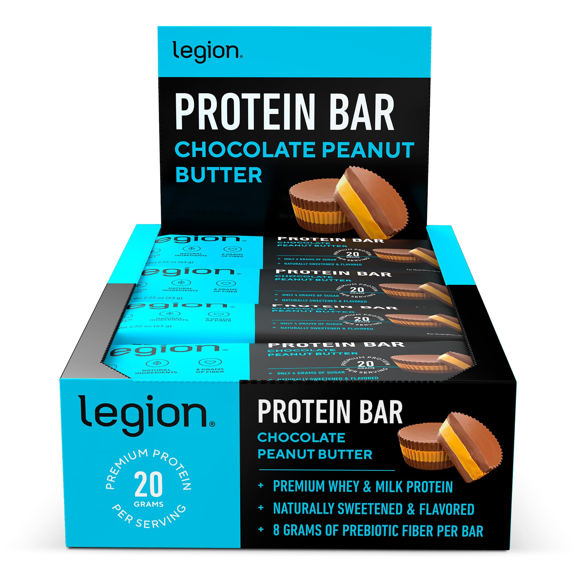 Legion protein bar chocolate peanut butter packaging highlighting grab-and-go protein
