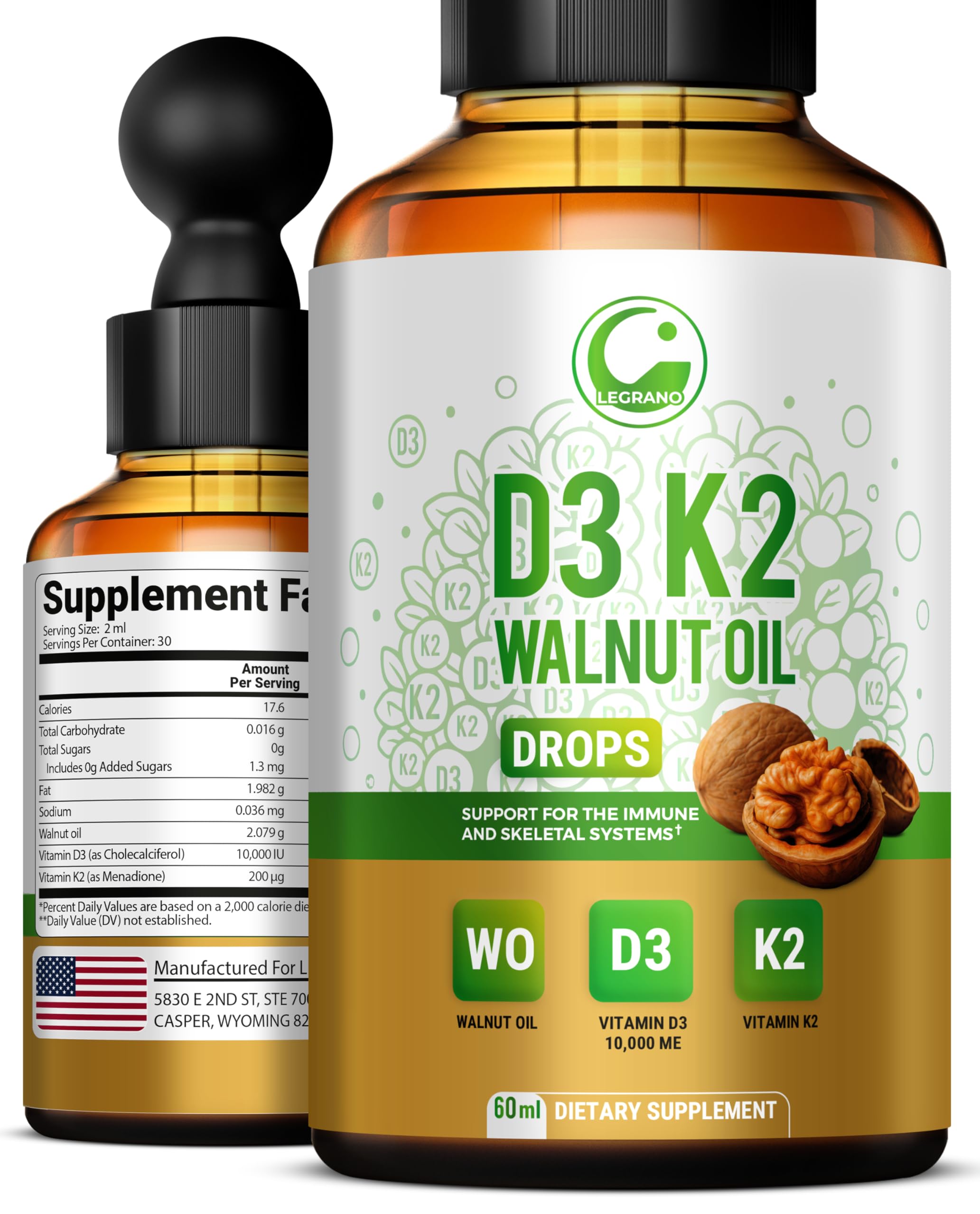 Bottle of LEGRANO D3 K2 drops in walnut oil base (2 oz)
