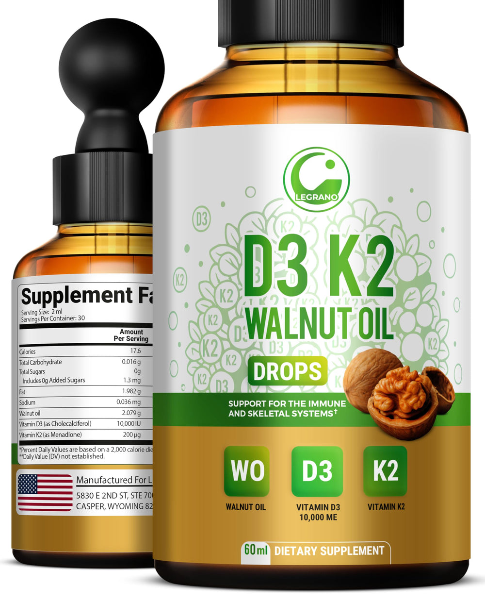 Bottle of LEGRANO D3 K2 drops in walnut oil base (2 oz)