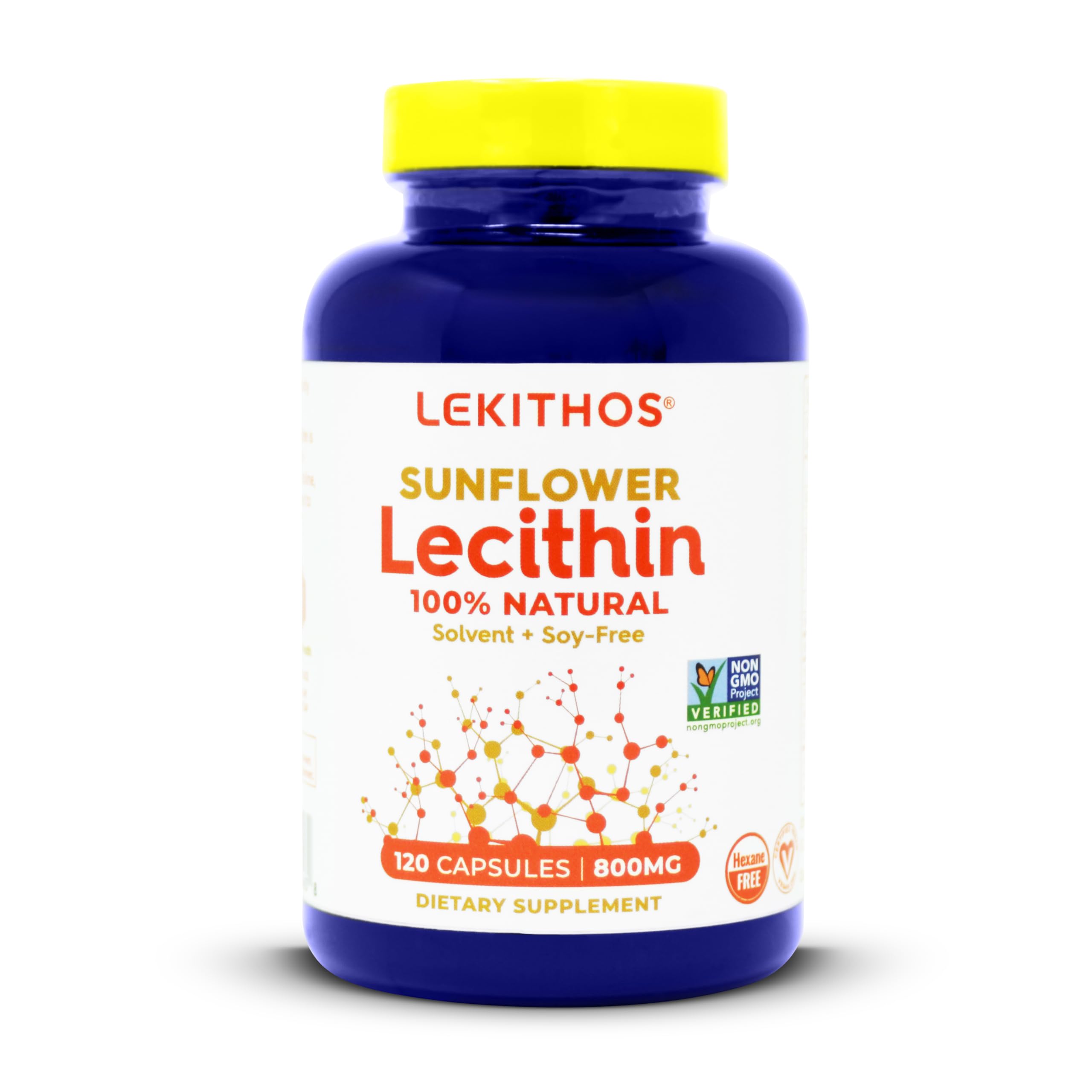 Bottle of Lekithos sunflower lecithin capsules with 120 softgels